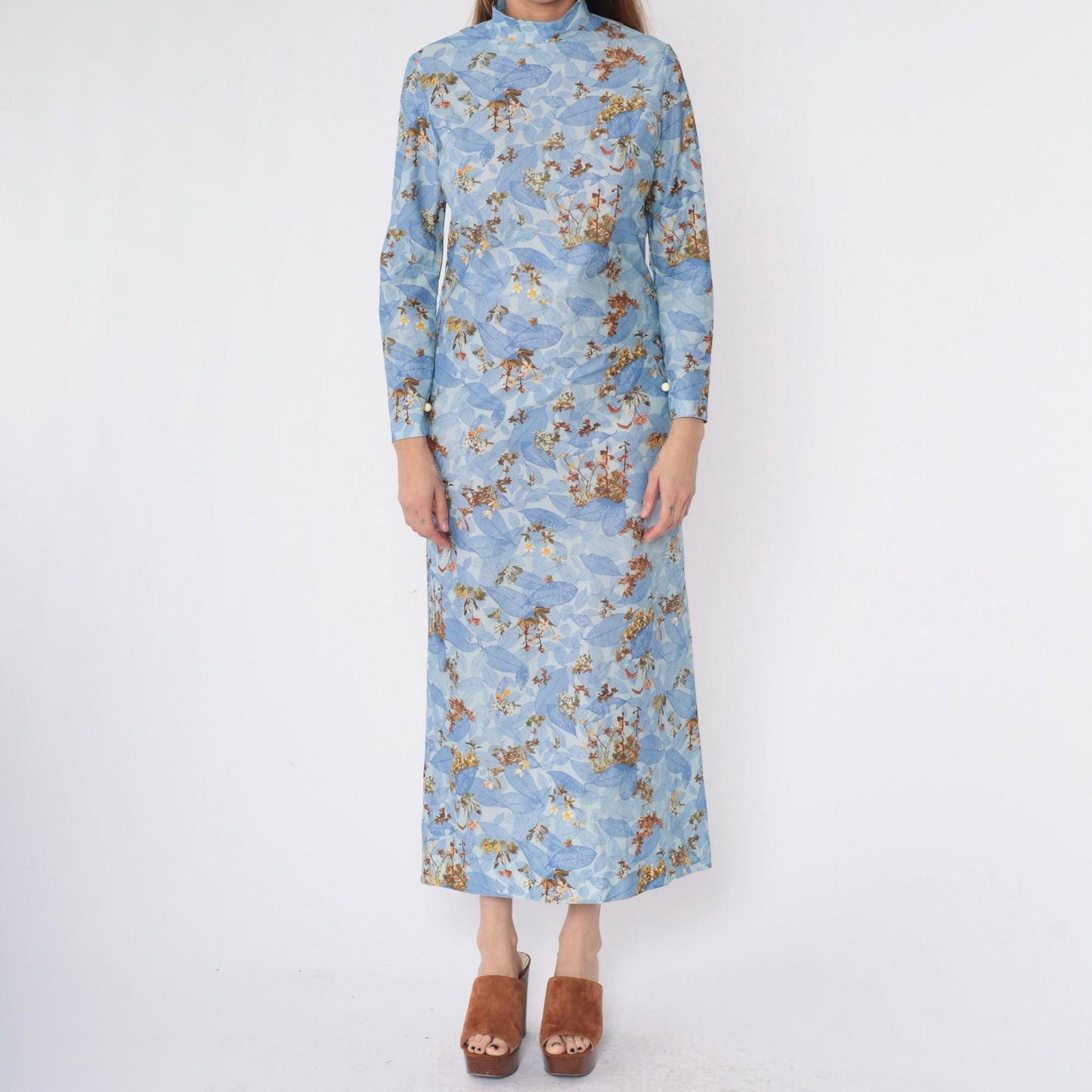 70s Blue Floral Maxi Dress Mock Neck Long Sleeve Small