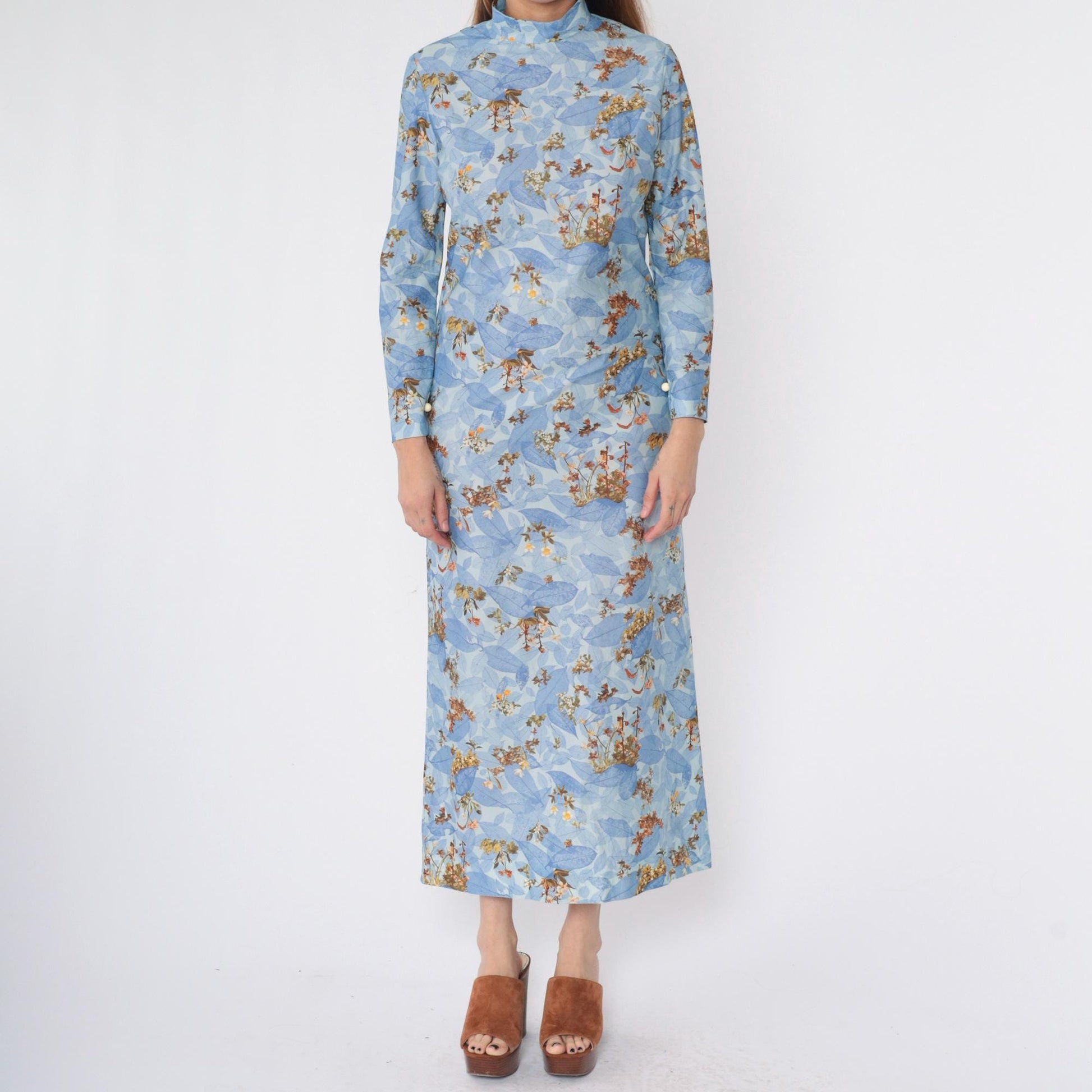 70s Blue Floral Maxi Dress Mock Neck Long Sleeve Small
