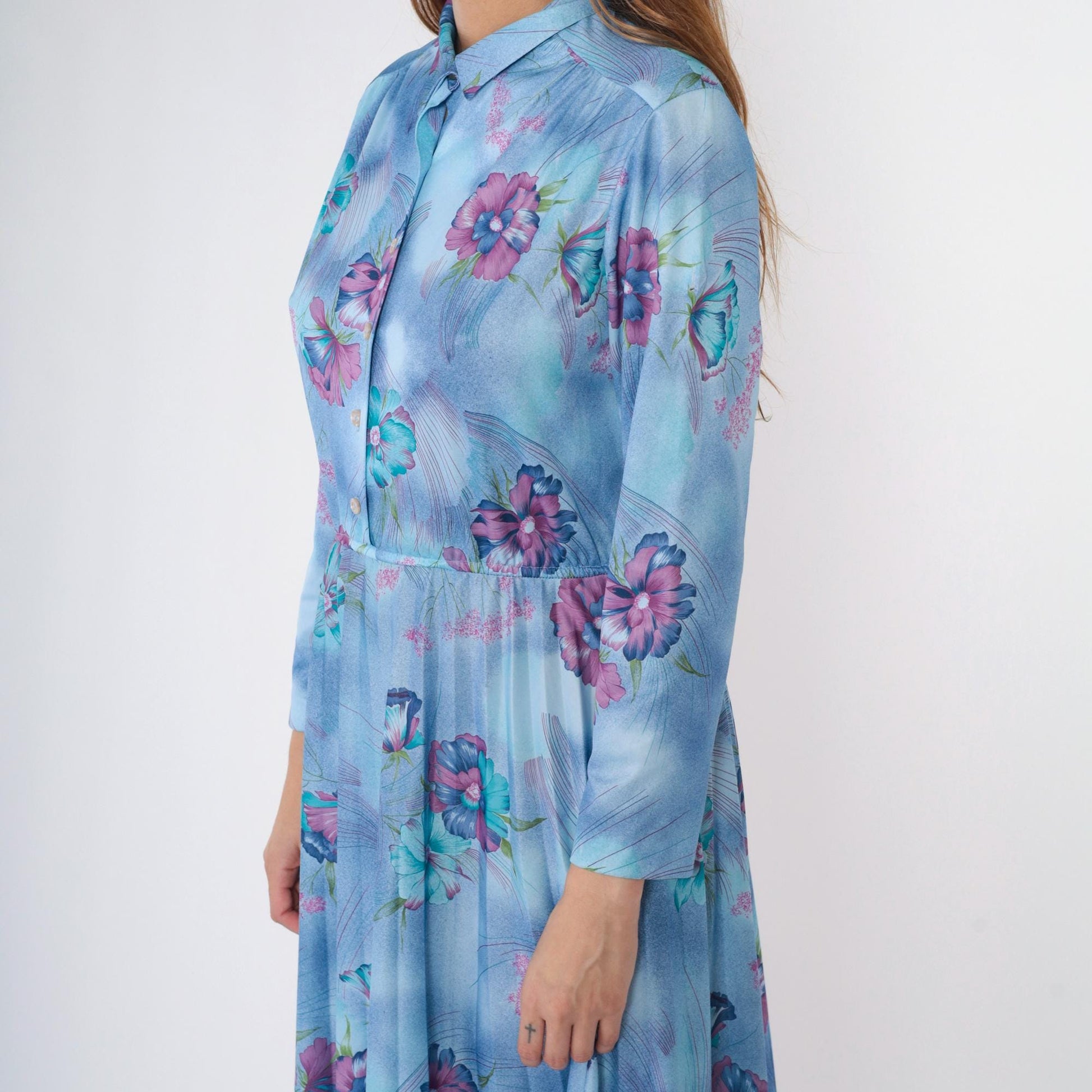 70s Sears Floral Midi Shirt Dress Blue High Waist Pleated Medium