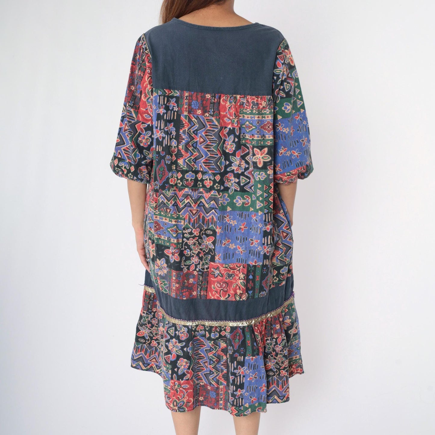 80s Patchwork Midi Dress Floral Geometric Square Neck Puff Sleeve Tiered Medium Large