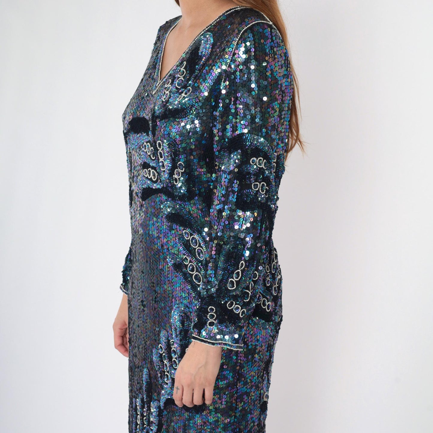 80s Blue Sequin Silk Midi Dress Iridescent Beaded V-Neck Long Sleeve Small