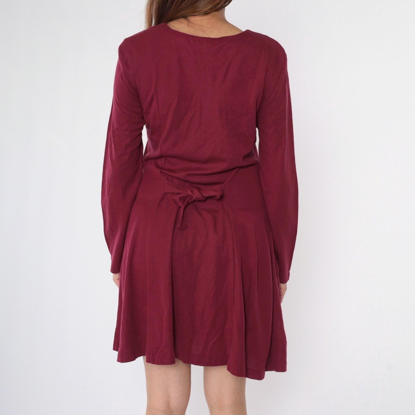 90s Burgundy Mini Shirtdress Long Sleeve Button Down Tie Back Medium M