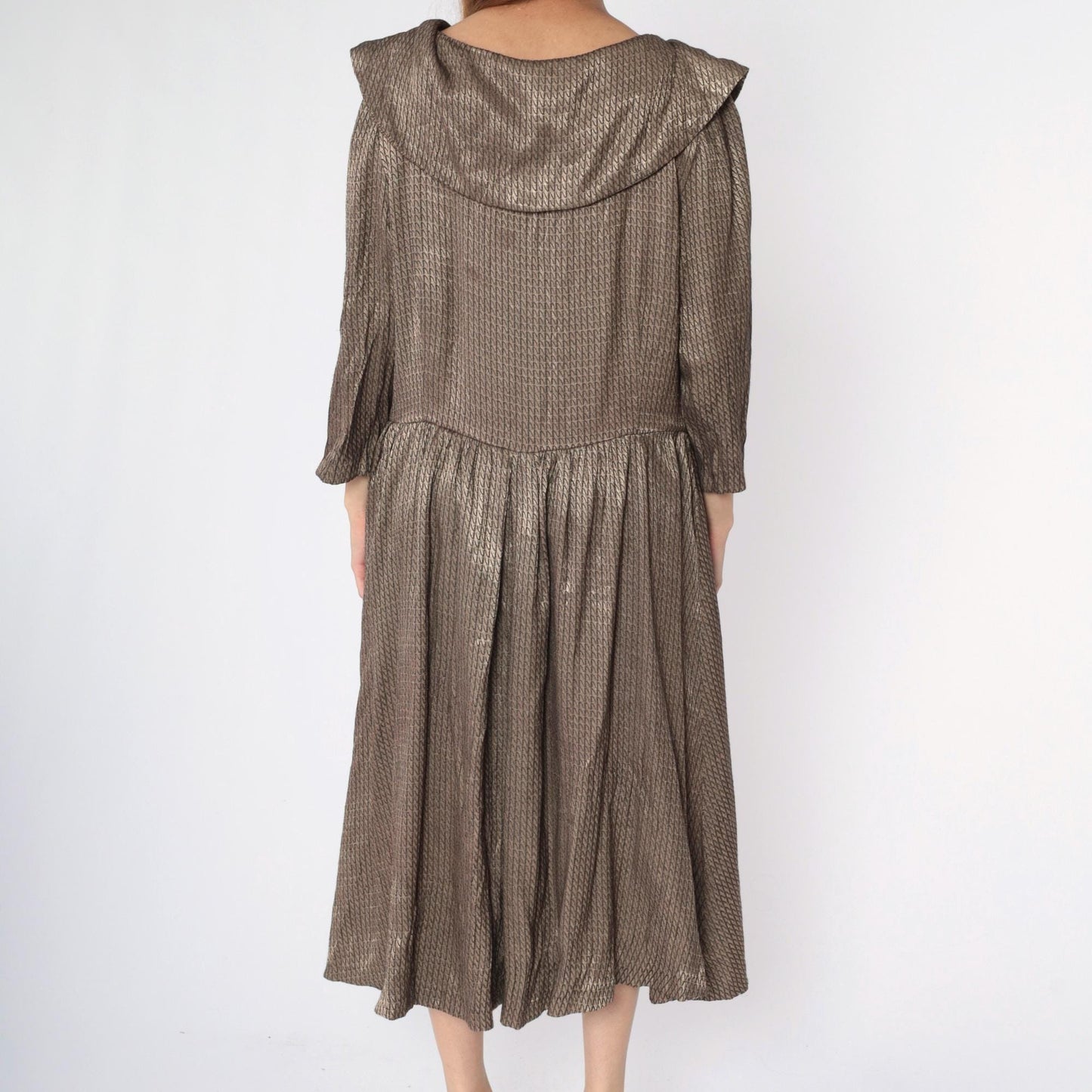 80s Gold Metallic Button-Down Midi Dress Wide Collar Long Sleeve Medium Large