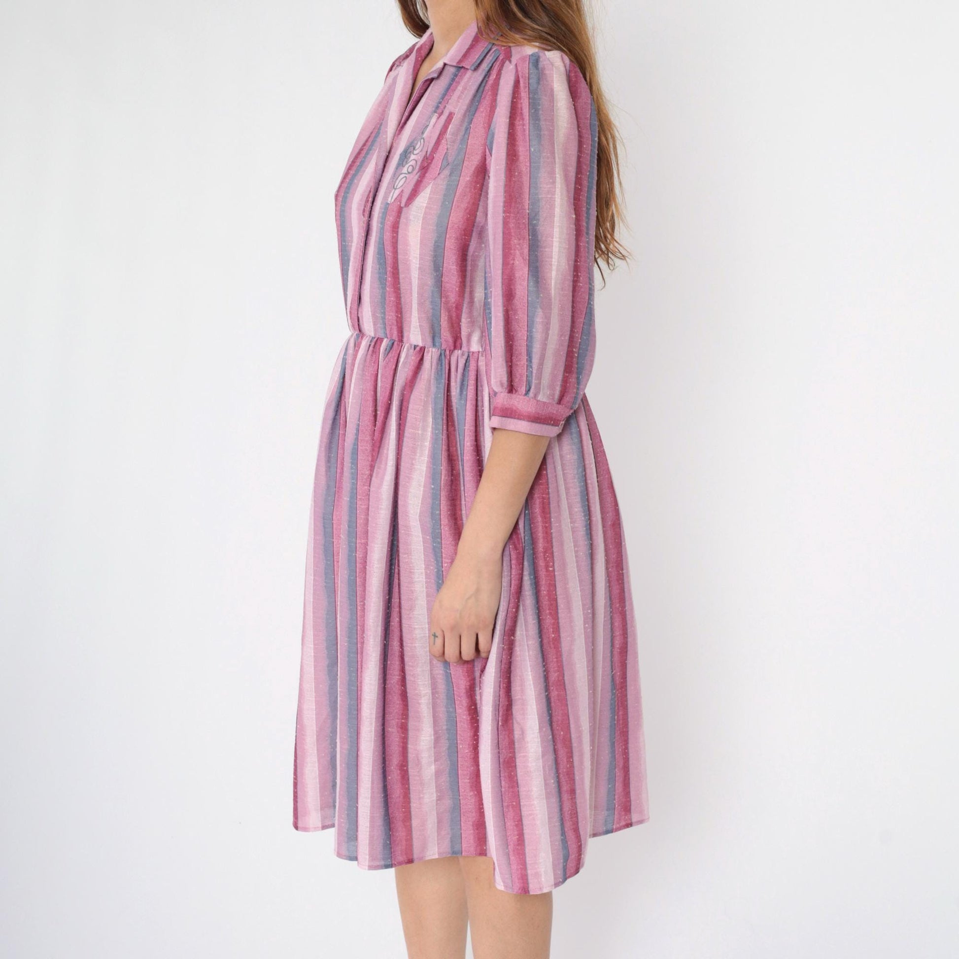 80s Pink Purple Striped Midi Shirtdress Embroidered Collar Button Up Medium M