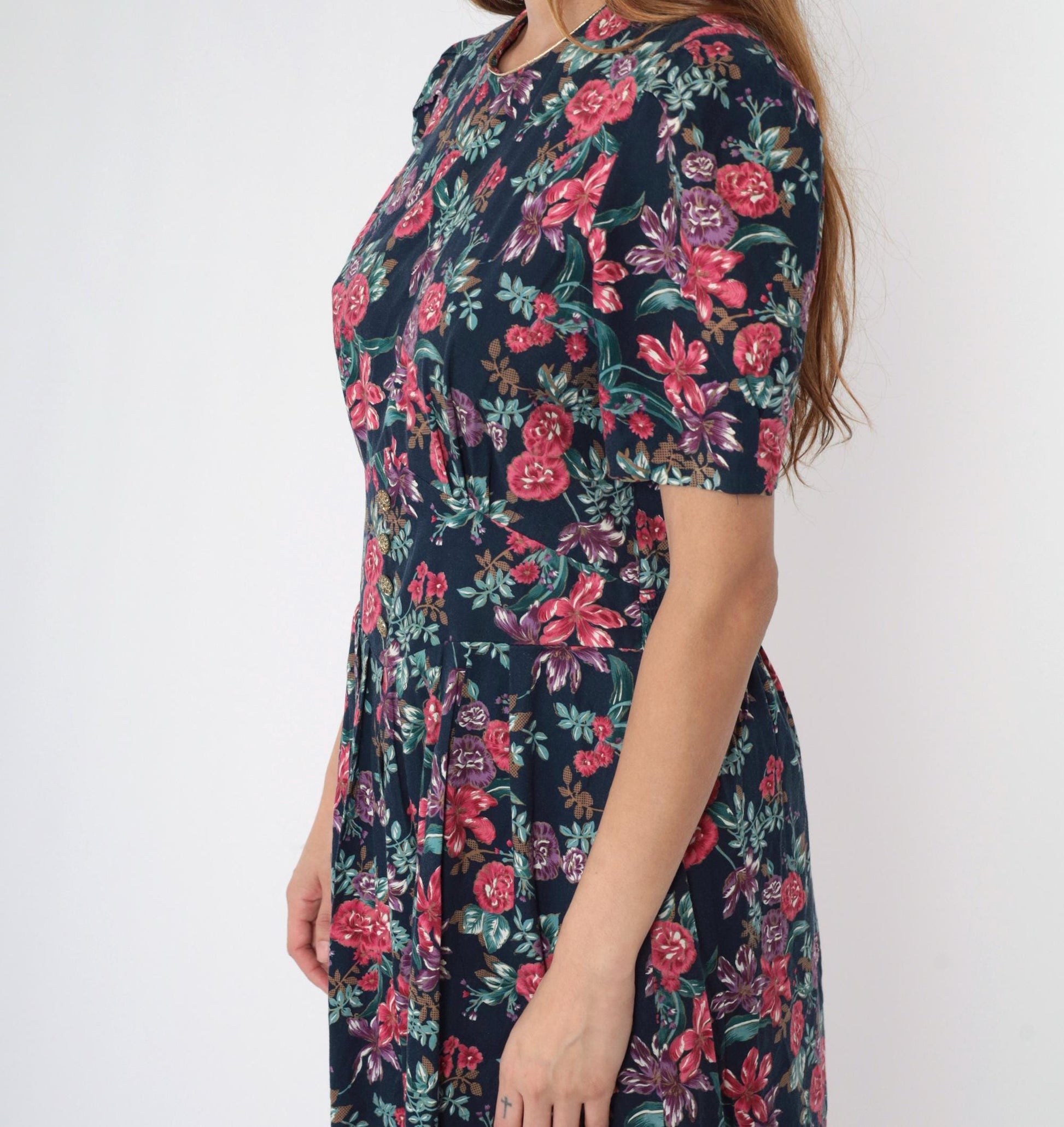 80s Navy Floral Midi Dress Puff Sleeve Basque Waist Smocked Back Medium Petite