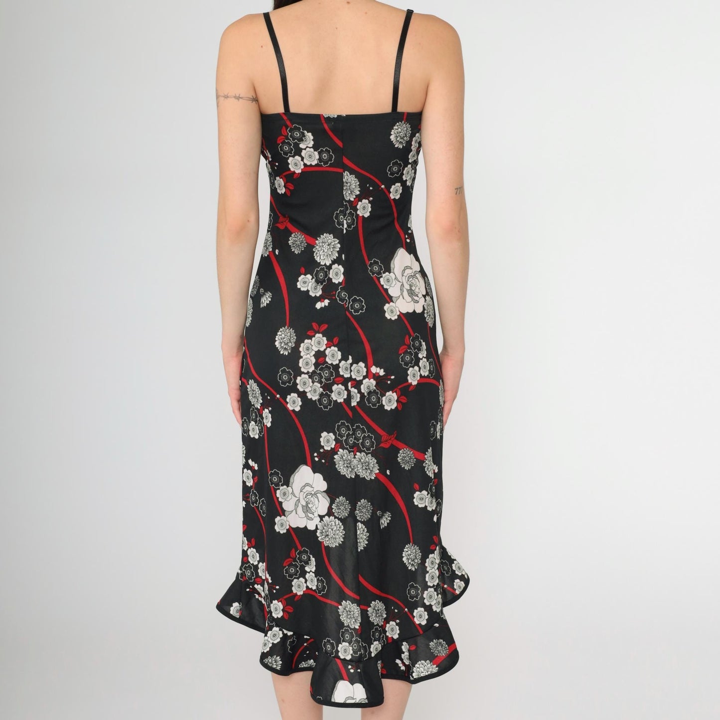 Y2K Black Floral Midi Dress Waterfall Hem Empire Waist Spaghetti Strap Extra Small