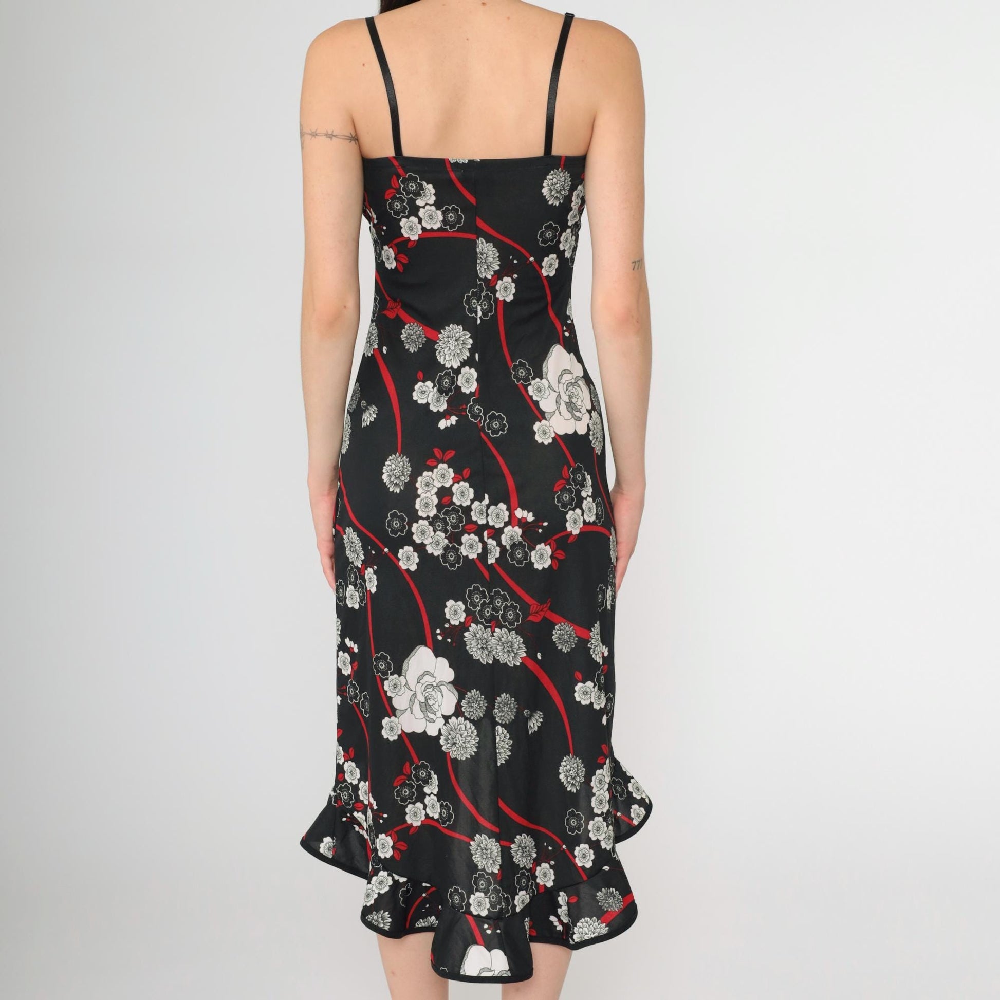 Y2K Black Floral Midi Dress Waterfall Hem Empire Waist Spaghetti Strap Extra Small