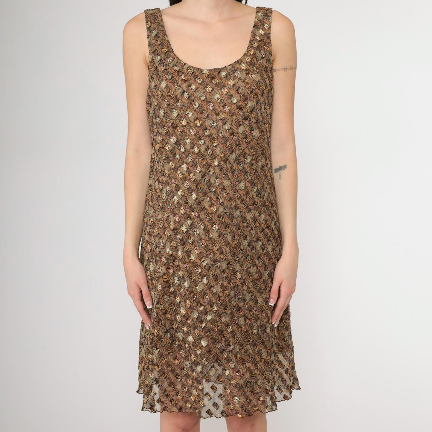 90s Sheer Metallic Floral Abstract Chiffon Mini Dress Scoop Neck Sleeveless Large L