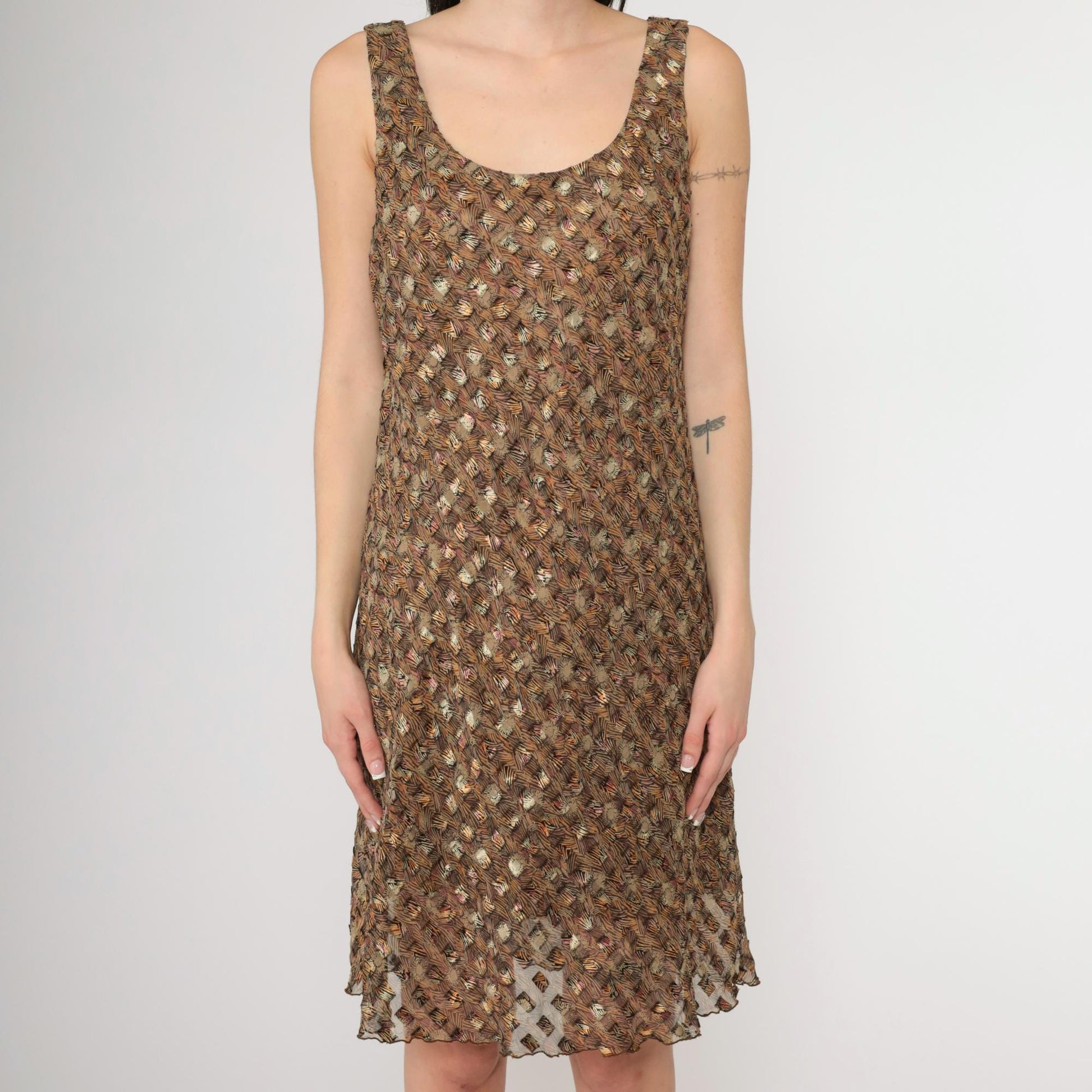 90s Sheer Metallic Floral Abstract Chiffon Mini Dress Scoop Neck Sleeveless Large L