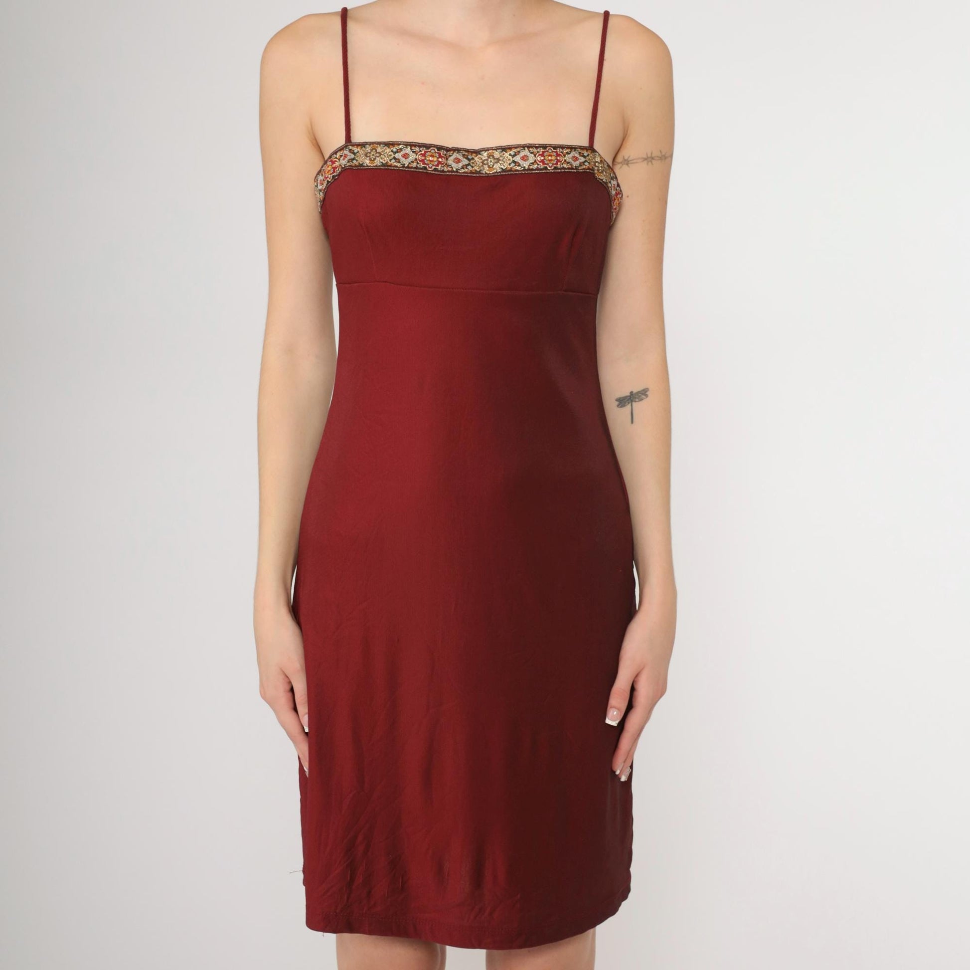 90s Burgundy Spaghetti Strap Mini Dress Embroidered Square Neckline Empire Waist Small