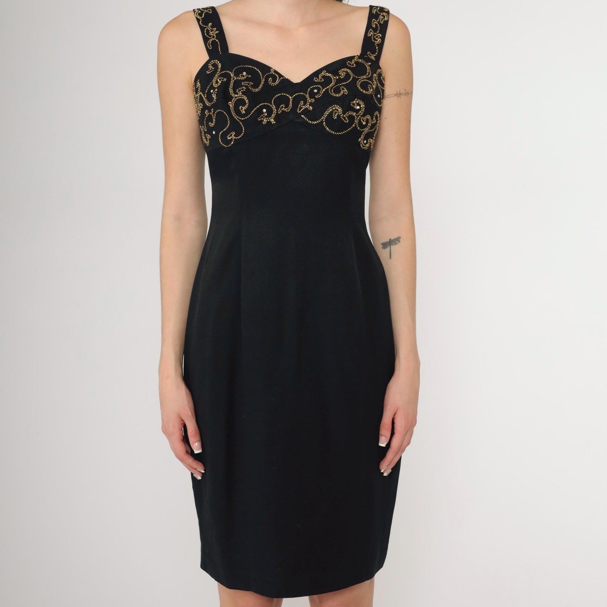 90s Black Mini Dress Gold Soutache Rhinestone Empire Waist Sweetheart Small