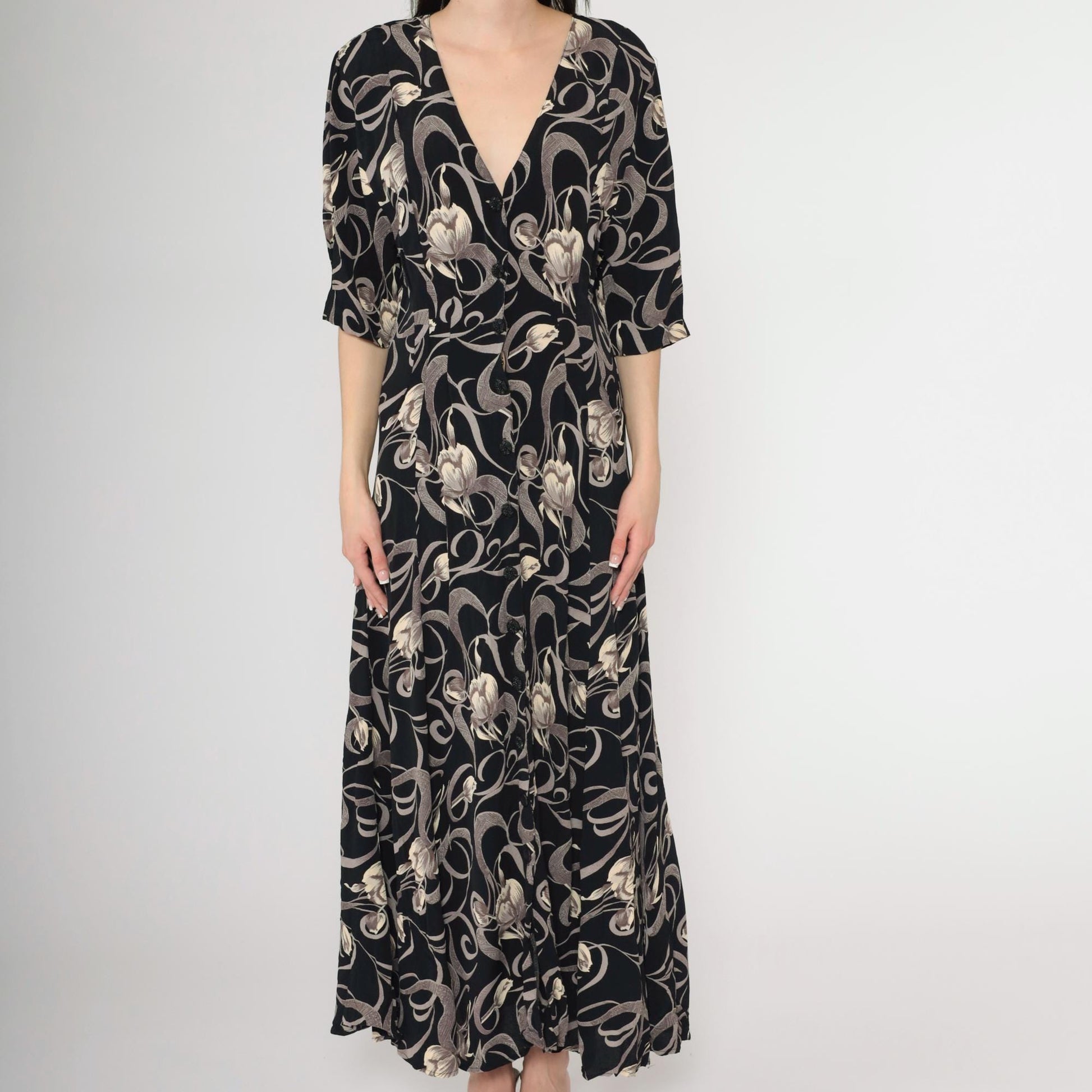 90s Express Black Floral Maxi Dress Tulip Swirl Print V-Neck Short Sleeve Medium Large