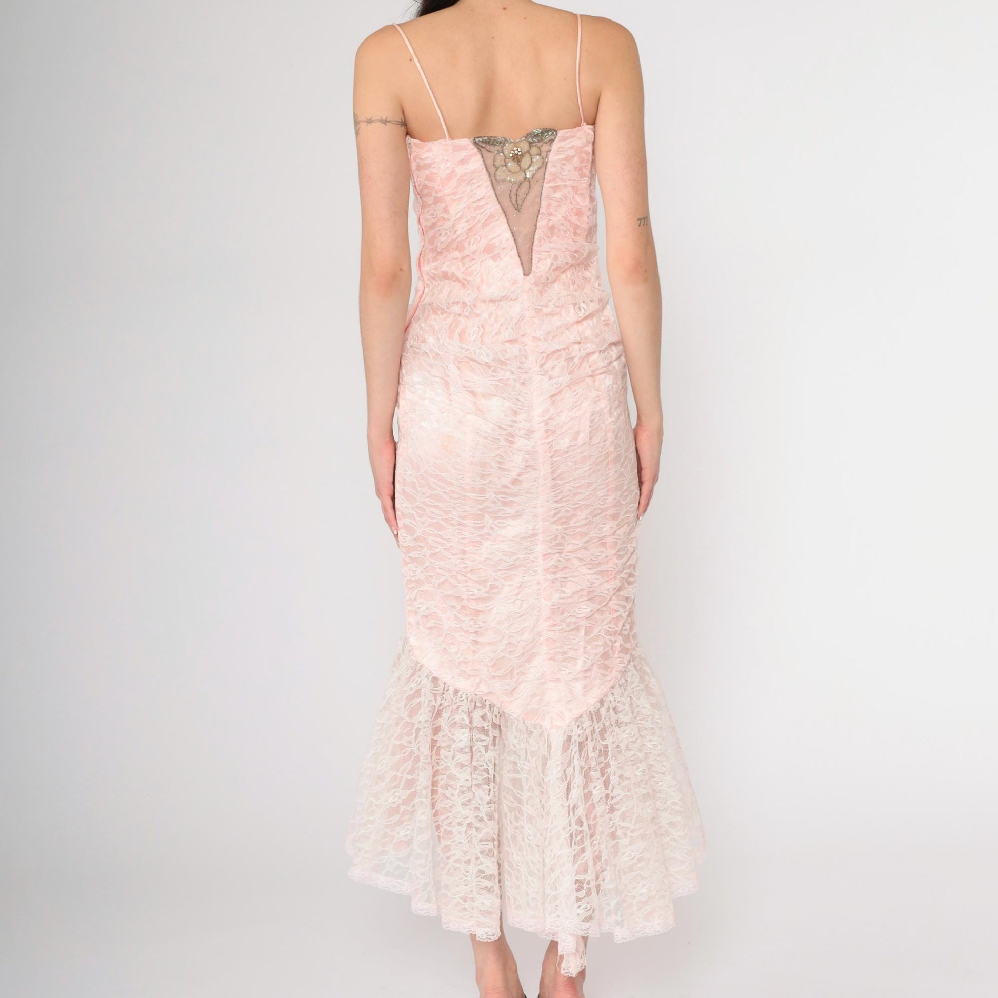 80s Pink Lace Beaded Sequin Evening Dress Sweetheart Neckline Spaghetti Strap Extra Small