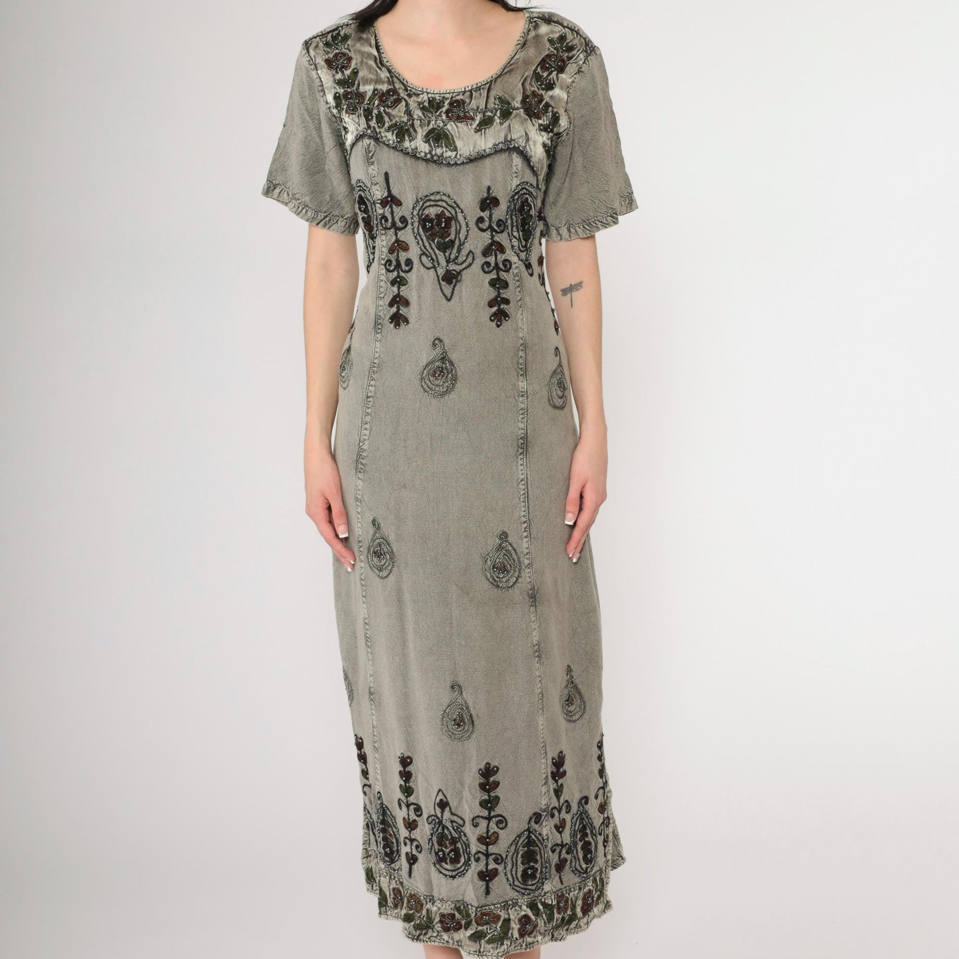 Y2K MPH Indian Embroidered Maxi Dress Grey Beaded Floral Short Sleeve Medium