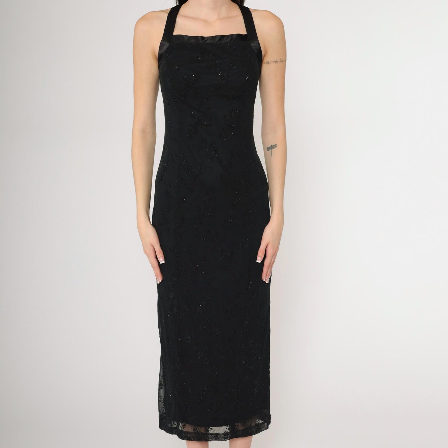 90s Black Flocked Velvet Midi Dress Criss-Cross Satin Straps Y2K Extra Small