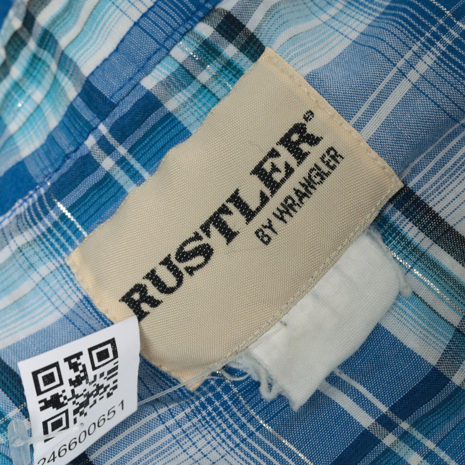 90s Rustler by Wrangler Western Shirt Blue Plaid Pearl Snap Metallic Large