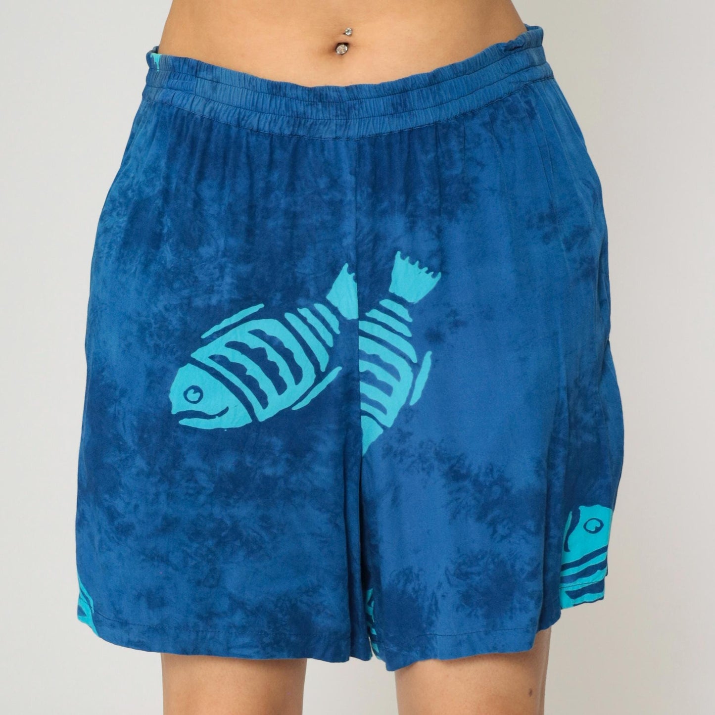 Y2K Blue Tie Dye Fish Print Shorts Elastic Waist Rayon Medium M