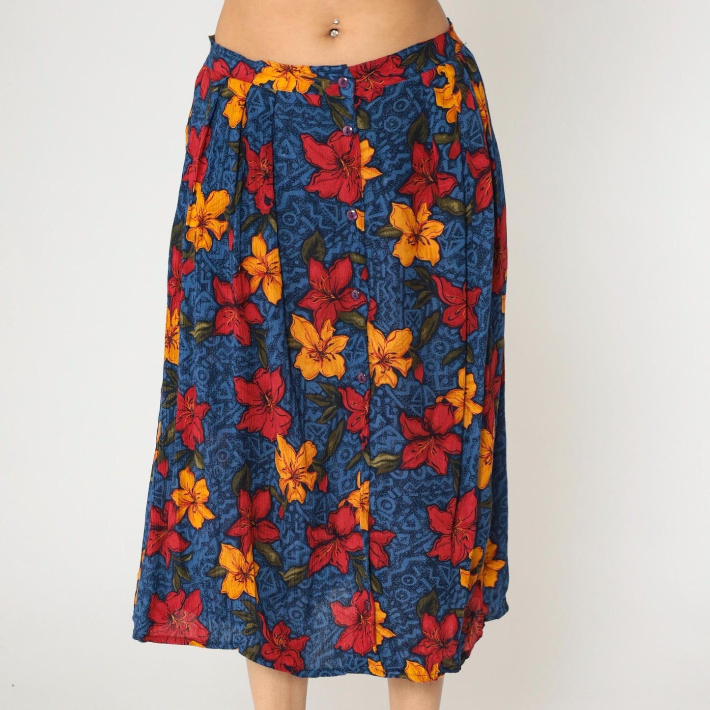 90s Maggie Lawrence Tropical Floral Midi Skirt High Waist Button Up Large L