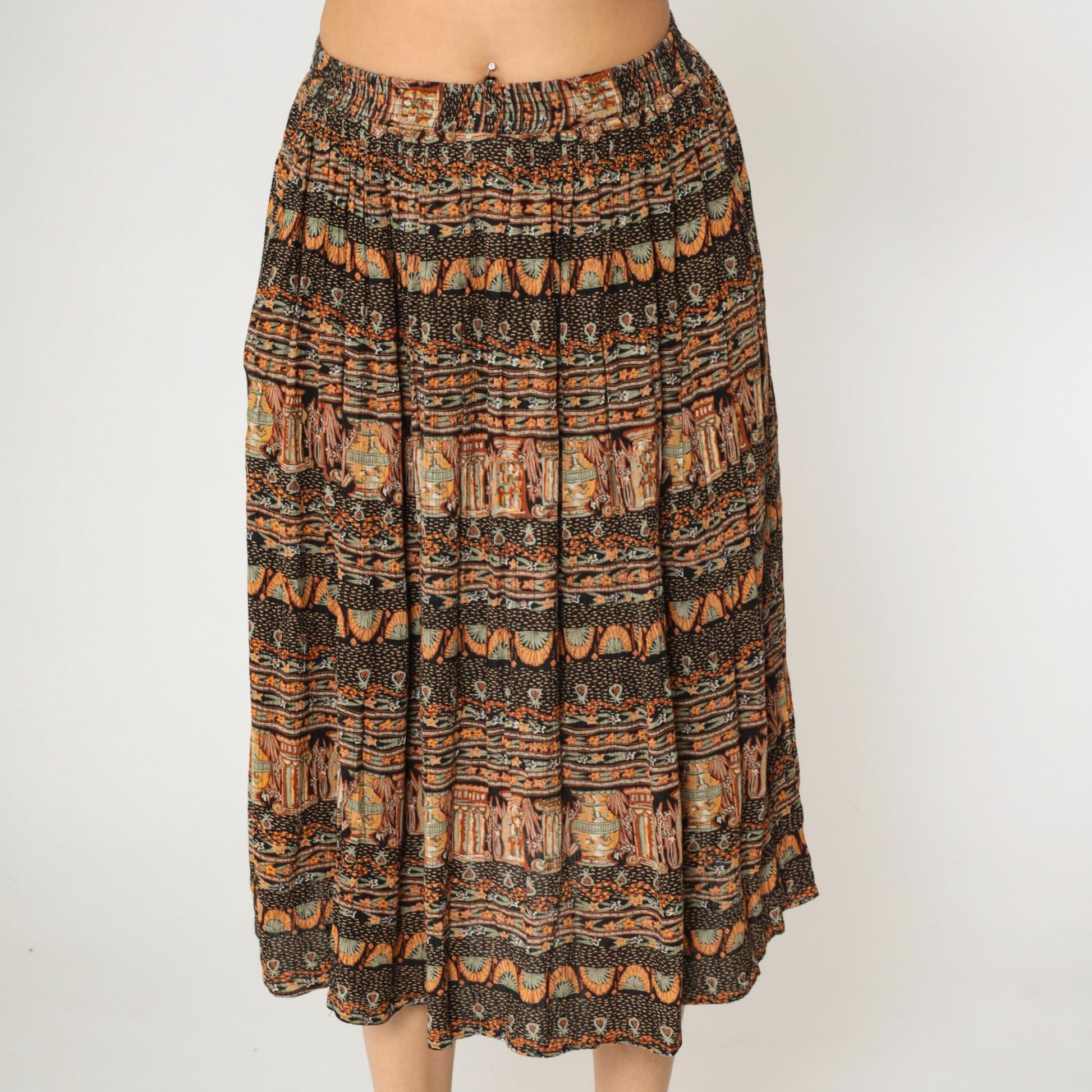 90s Broomstick Midi Skirt Black Orange Vase Print Crinkle Rayon Medium M