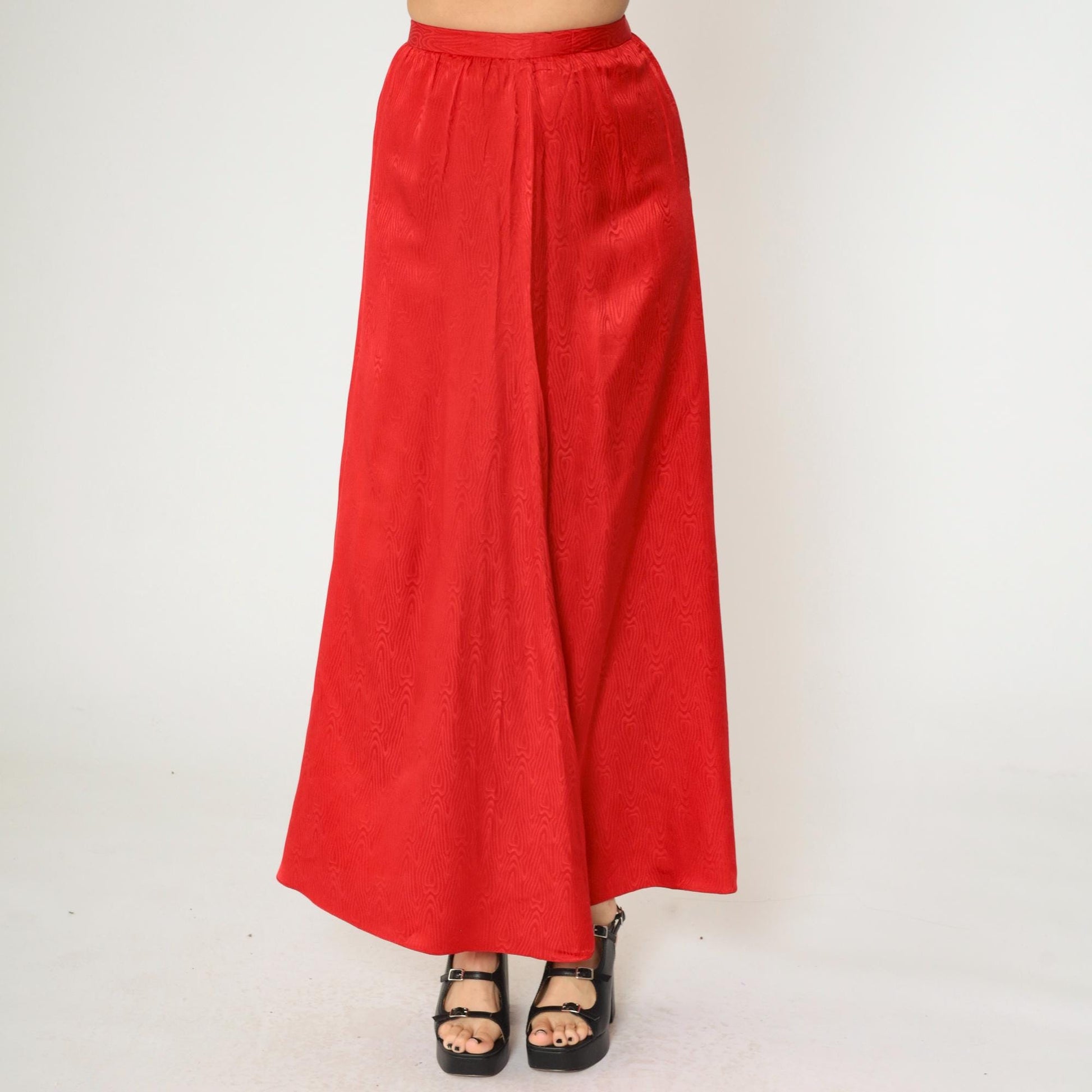 90s Red Moiré Satin Maxi Skirt High Waist A-Line Bias Cut Small