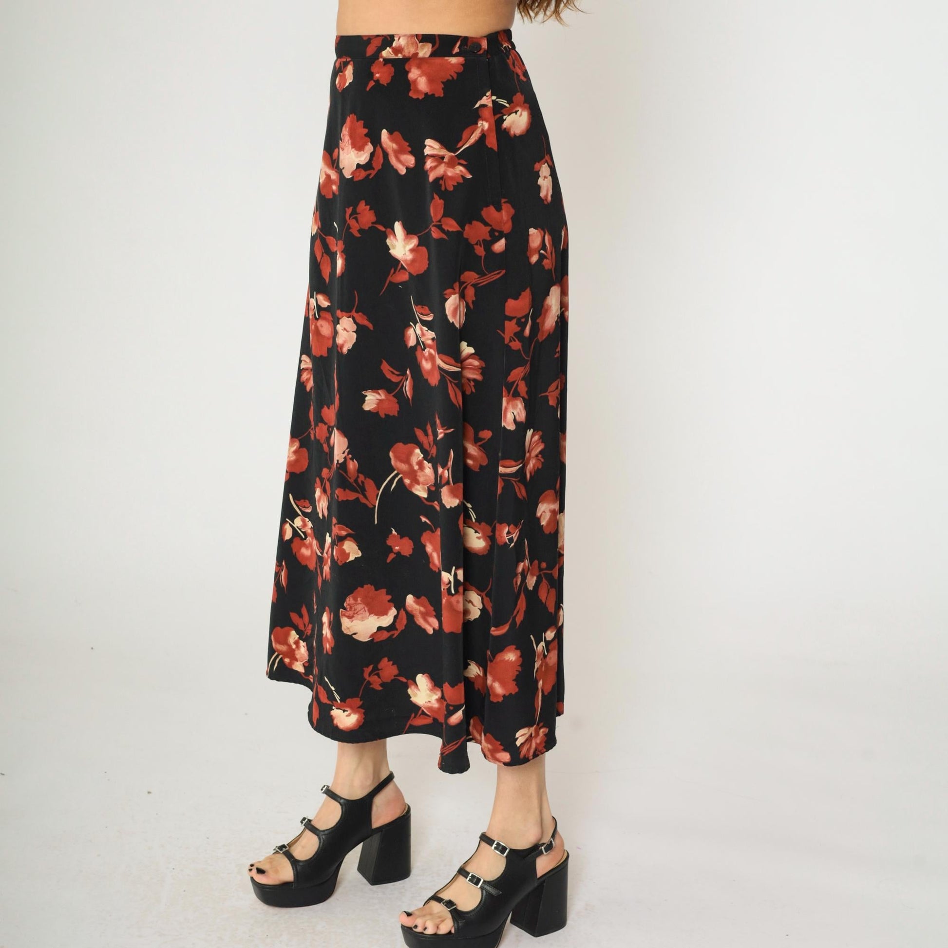 90s Black Floral A-Line Maxi Skirt High Waisted Rust Orange Small