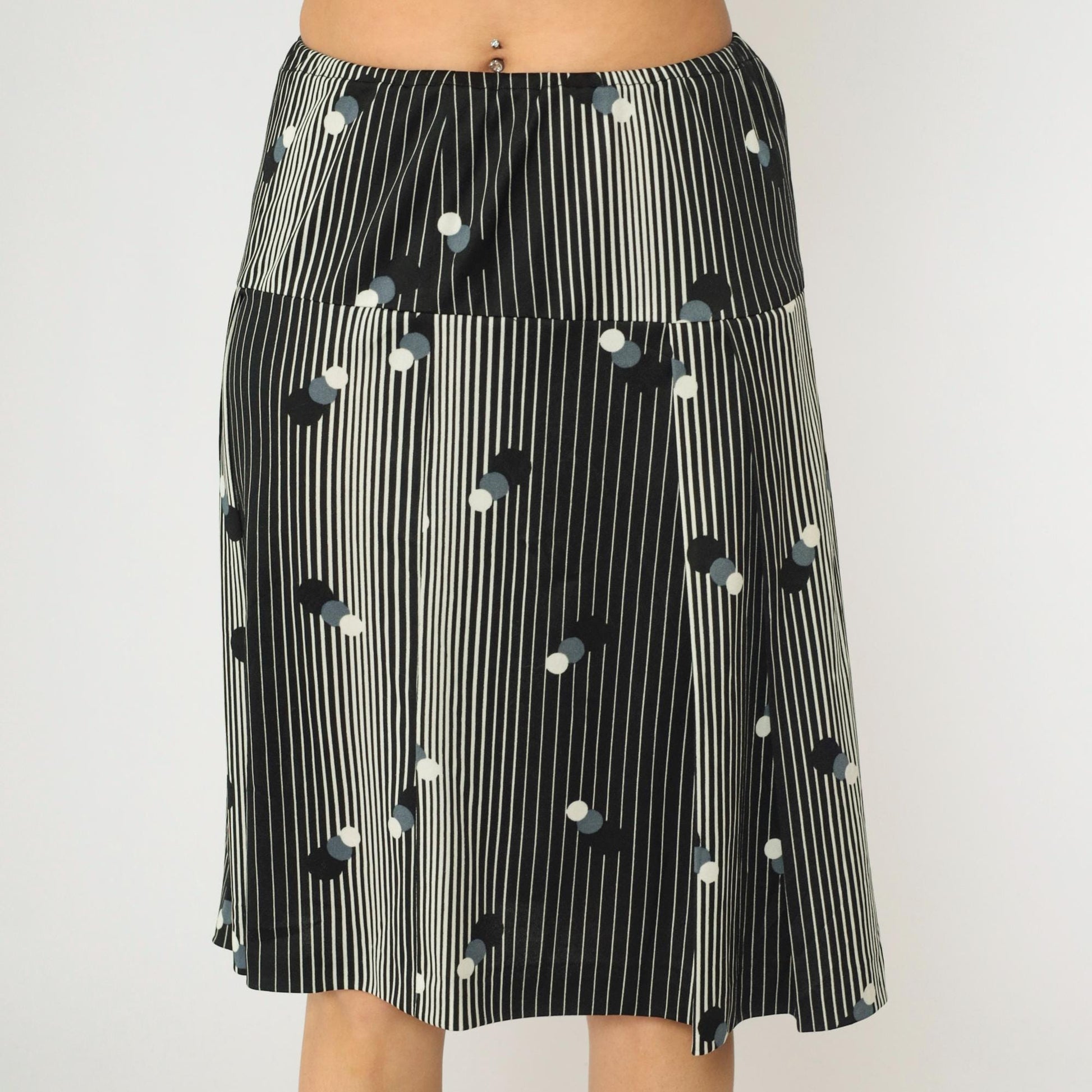 70s Black White Striped Polka Dot Mod Skirt High Waist A-Line Knee Length Small Medium