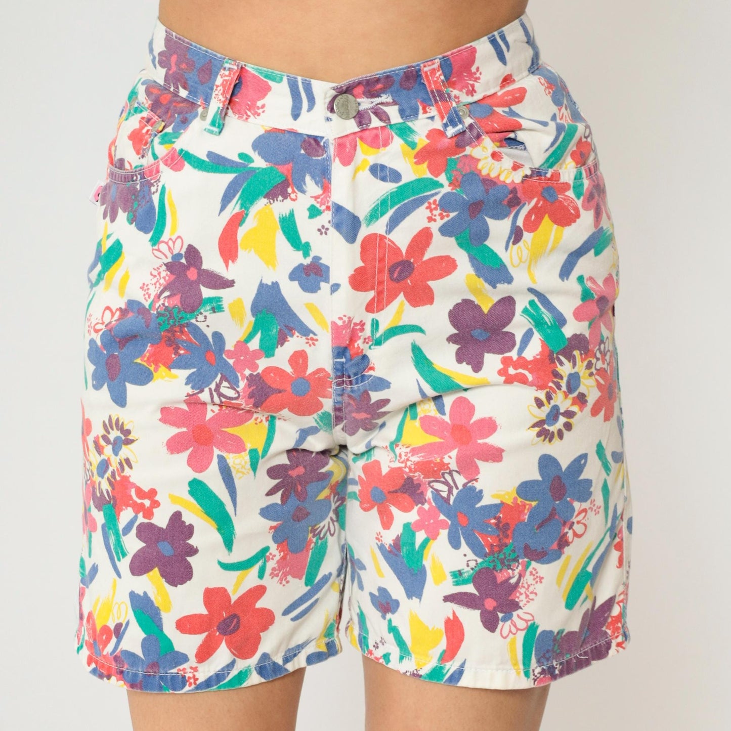 90s Sasson Floral Denim Shorts White High Waist Cotton Small