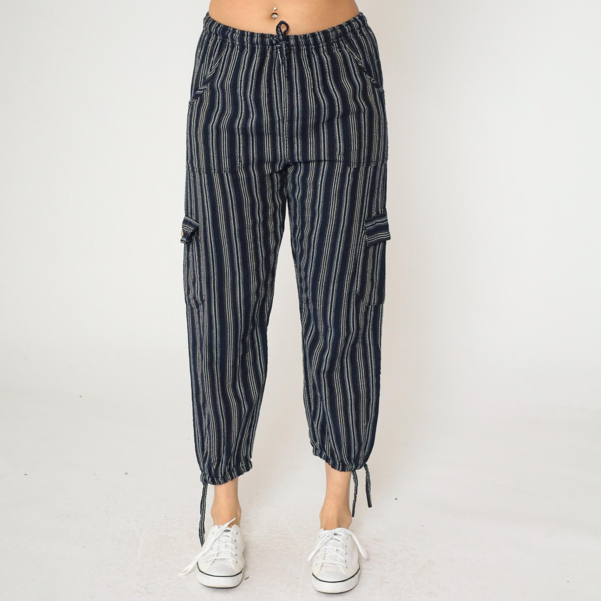 Ecuadorian Striped Navy Cargo Pants Elastic Drawstring Cropped Extra Small