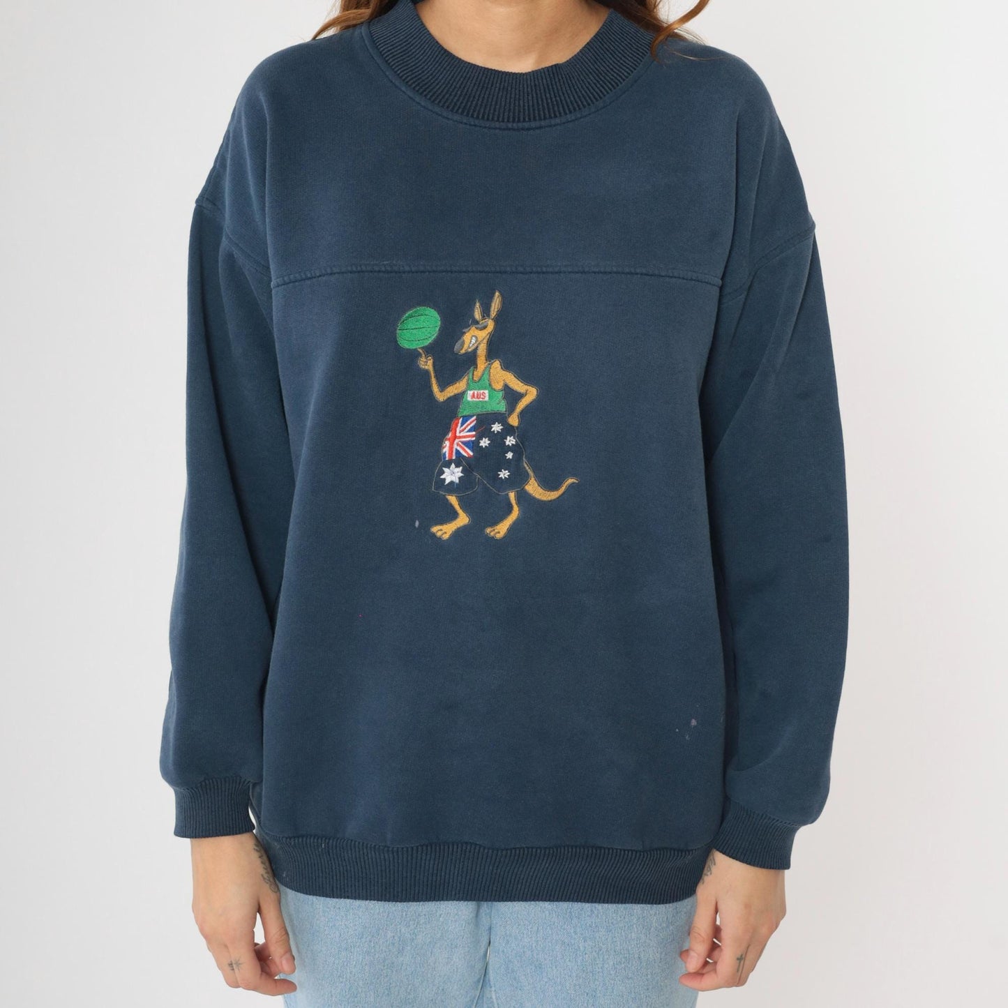 90s Australian Basketball Sweatshirt Navy Kangaroo Graphic Crewneck Large L