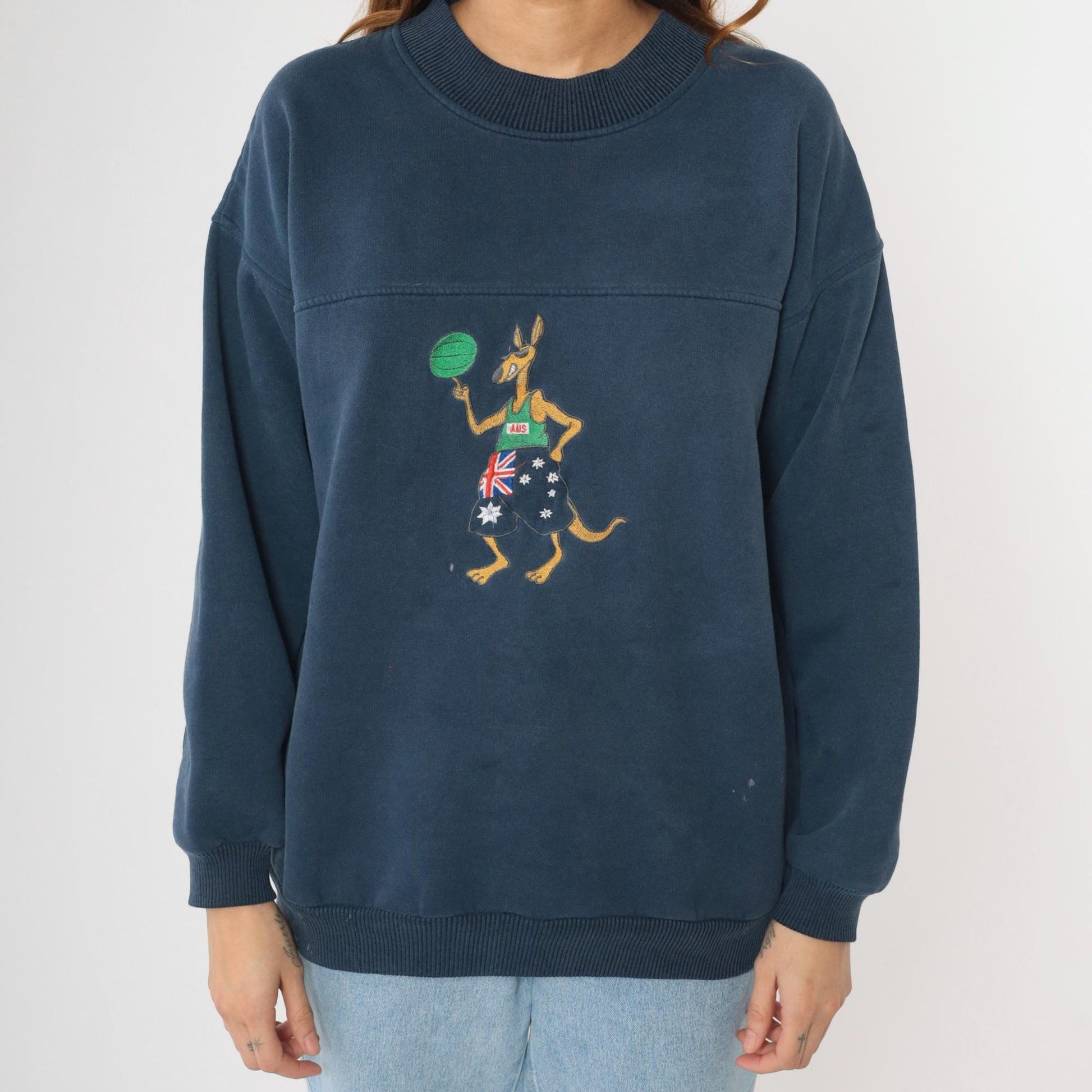 90s Australian Basketball Sweatshirt Navy Kangaroo Graphic Crewneck Large L