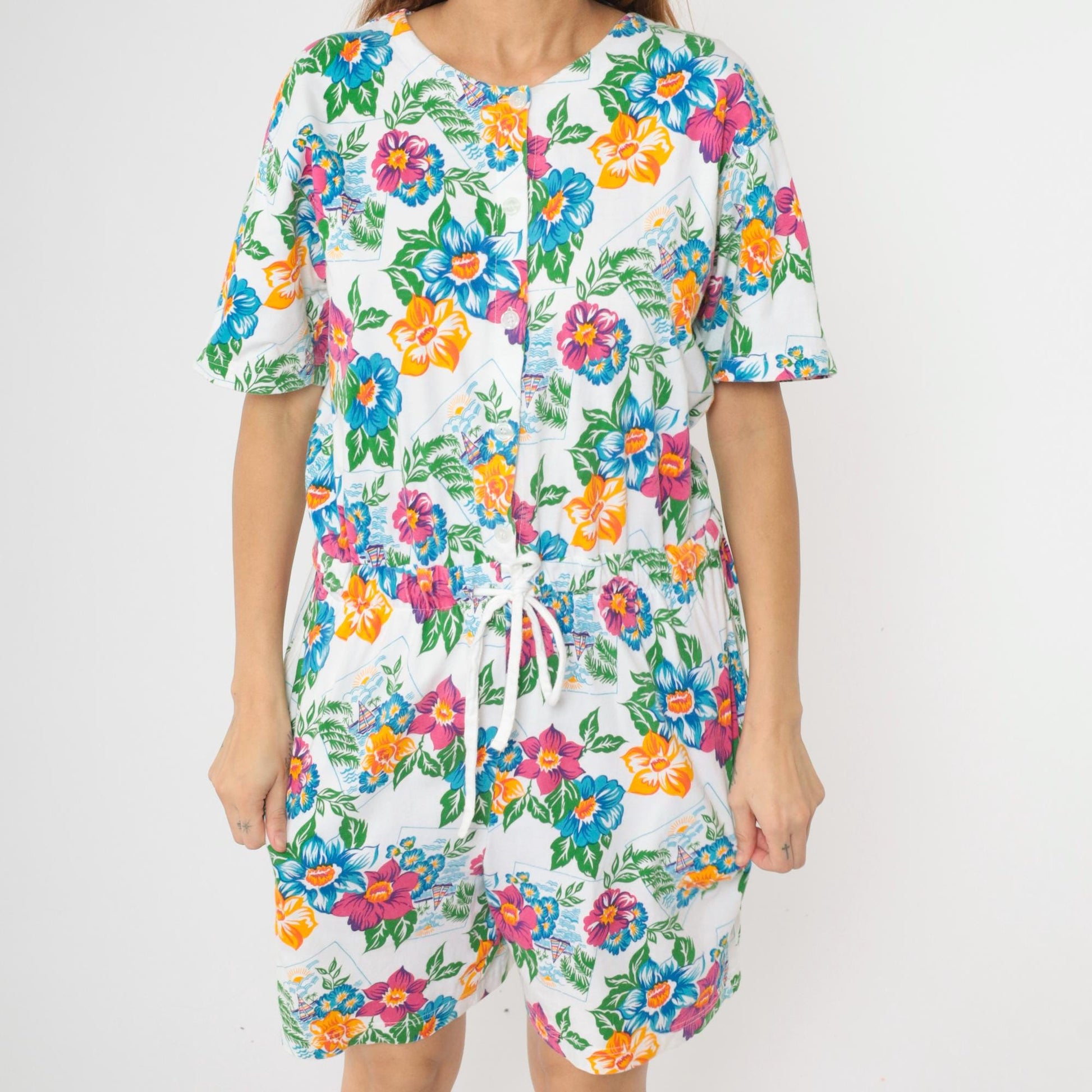 90s Tropical Floral Sailboat Romper White Cotton Button-Up Medium M