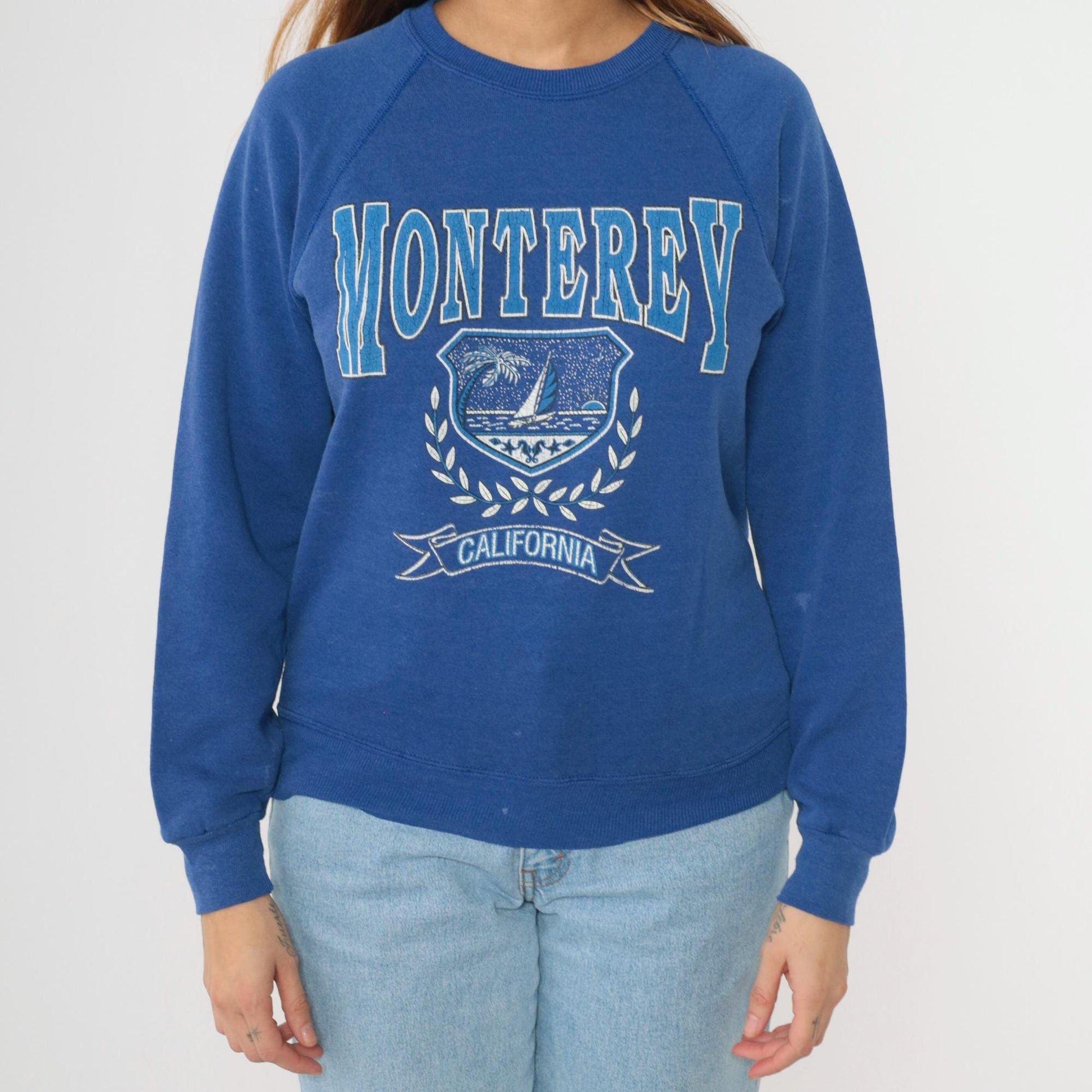 90s Monterey California Sailboat Sweatshirt Lee Blue Raglan Crewneck Small