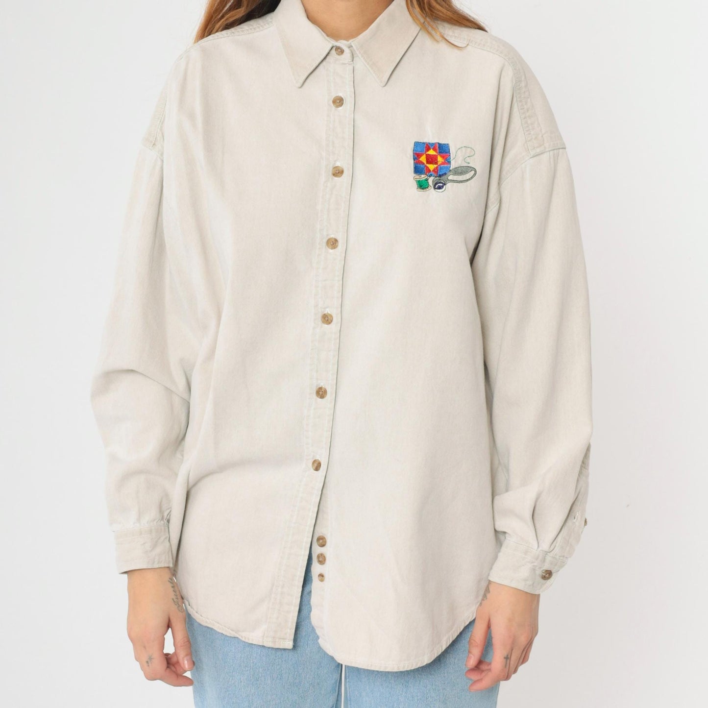90s Three Rivers Beige Denim Shirt Quilting Embroidery Button Up Extra Large XL