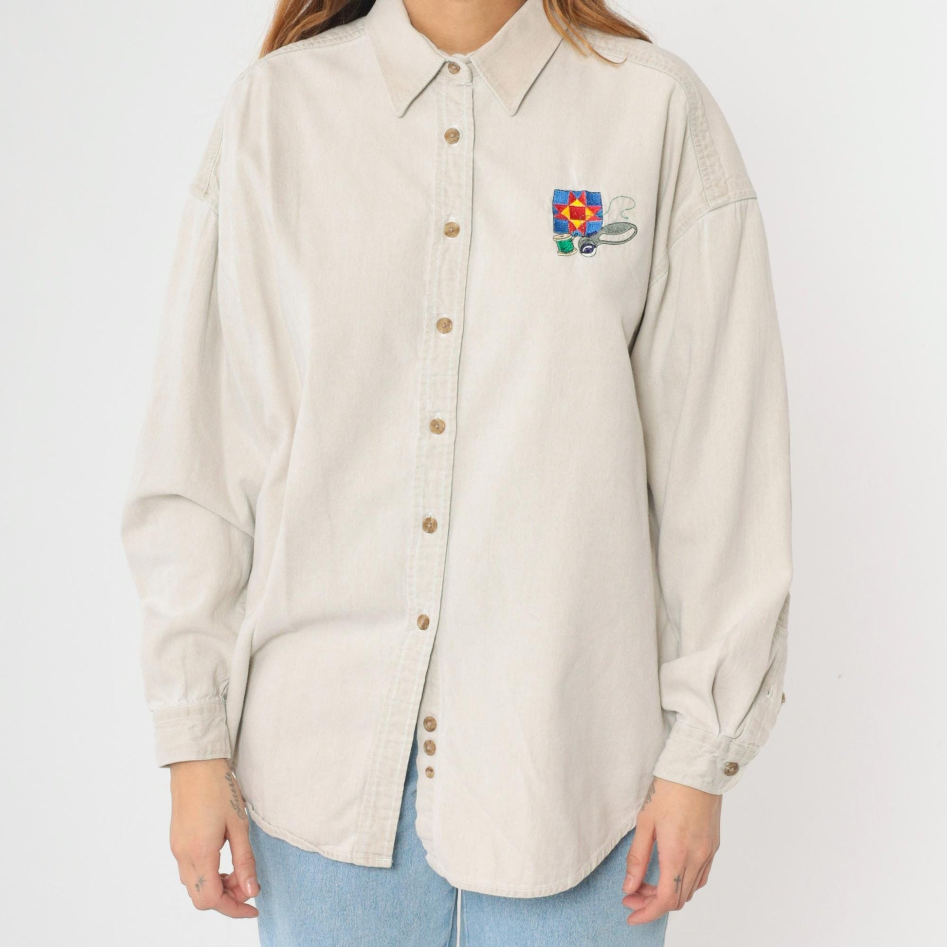 90s Three Rivers Beige Denim Shirt Quilting Embroidery Button Up Extra Large XL