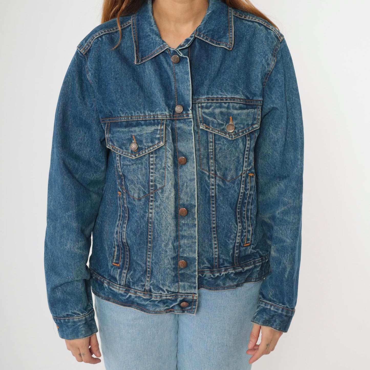 90s Generation One Blue Denim Jacket Red Buffalo Plaid Lining Medium M