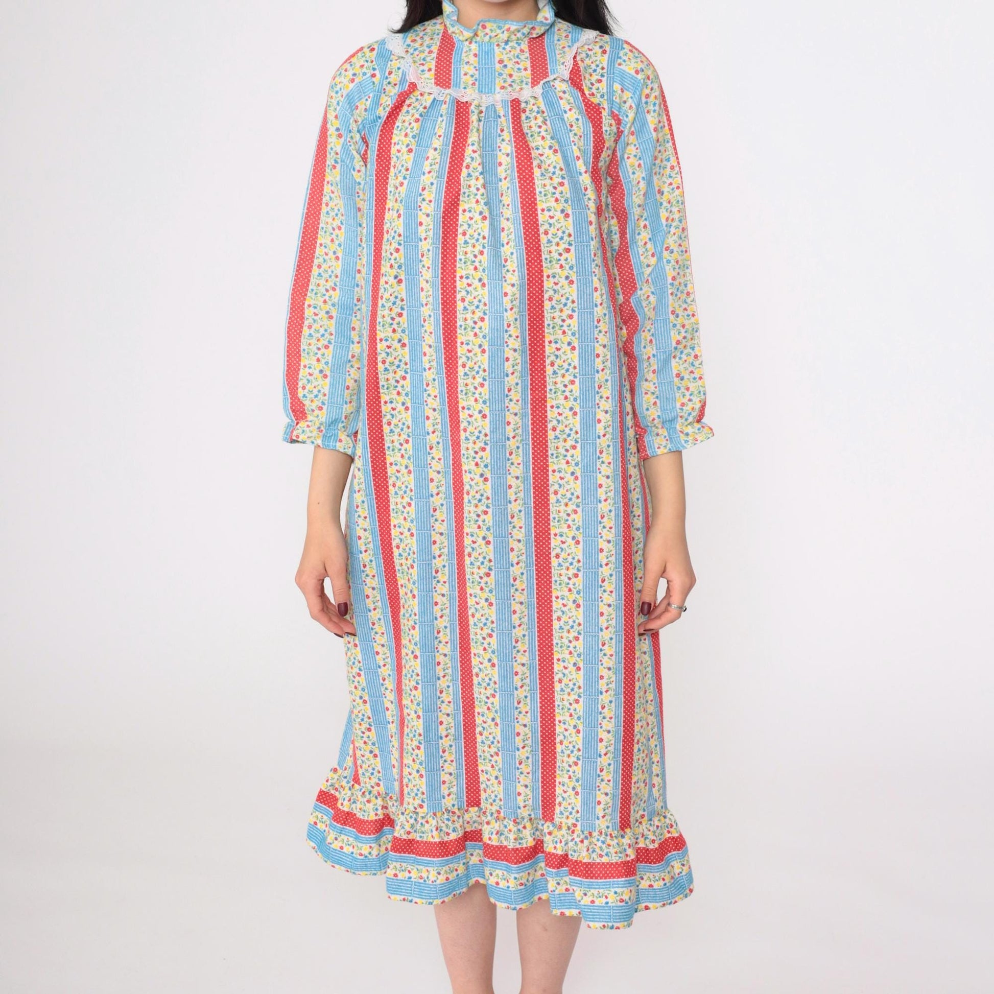 70s Floral Calico Striped Nightgown Eyelet Lace Bib Long Sleeve Red Blue Extra Small