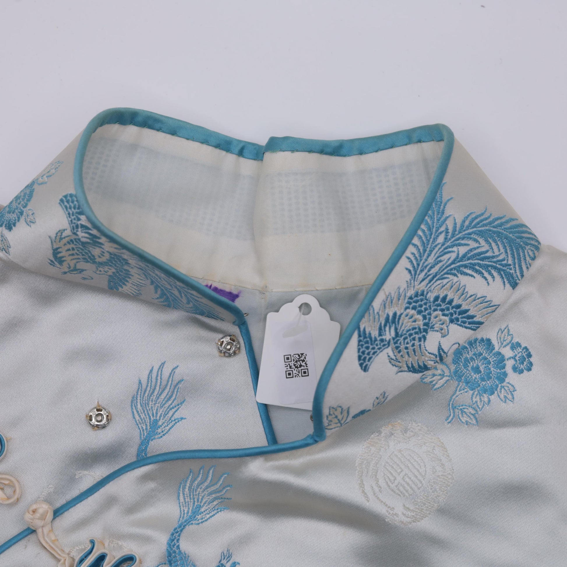 80s Light Blue Satin Cheongsam Maxi Dress Dragon Peacock Brocade Mandarin Collar Small S