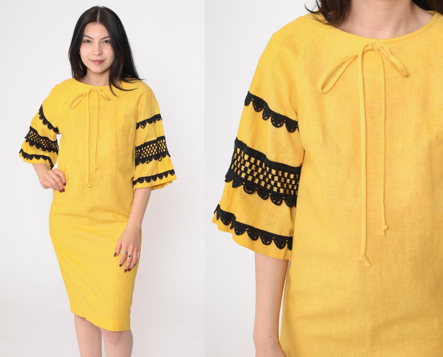 1960s Mod Yellow Shift Dress Bell Sleeve Black Crochet Trim Knee-Length Small