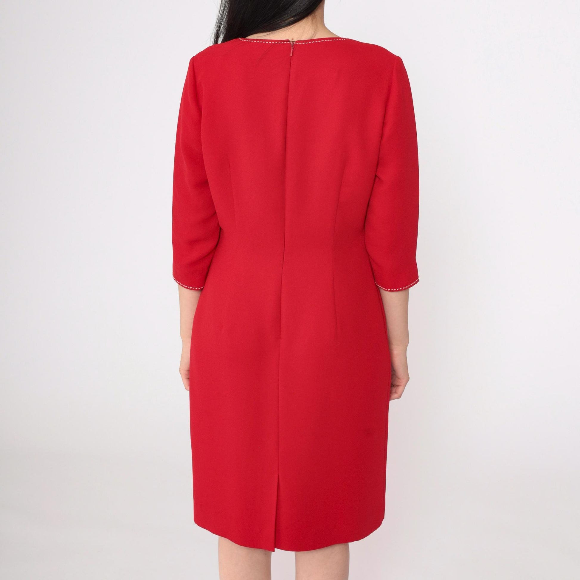 90s David Warren Red Sheath Dress V-Neck Decorative Stitching Small Petite