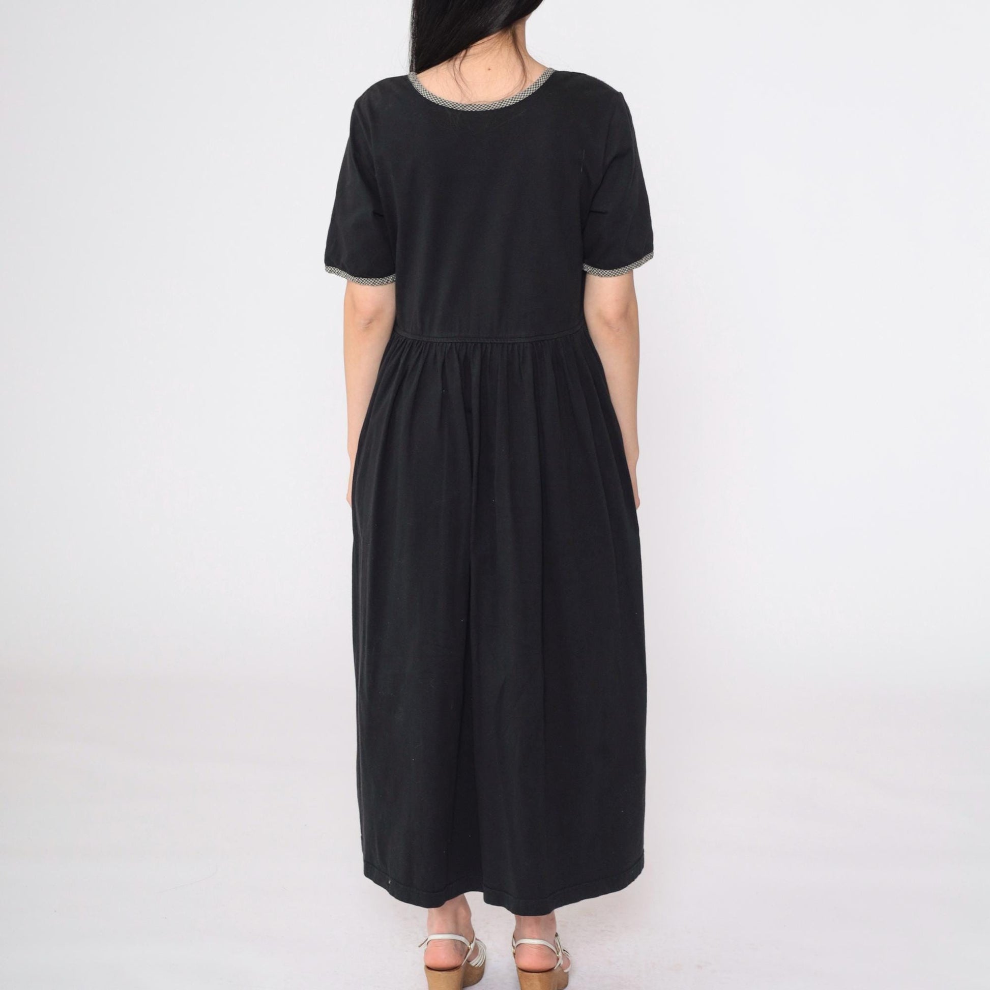90s Black Floral Embroidered Cotton Maxi Dress Gingham Lattice Short Sleeve Small