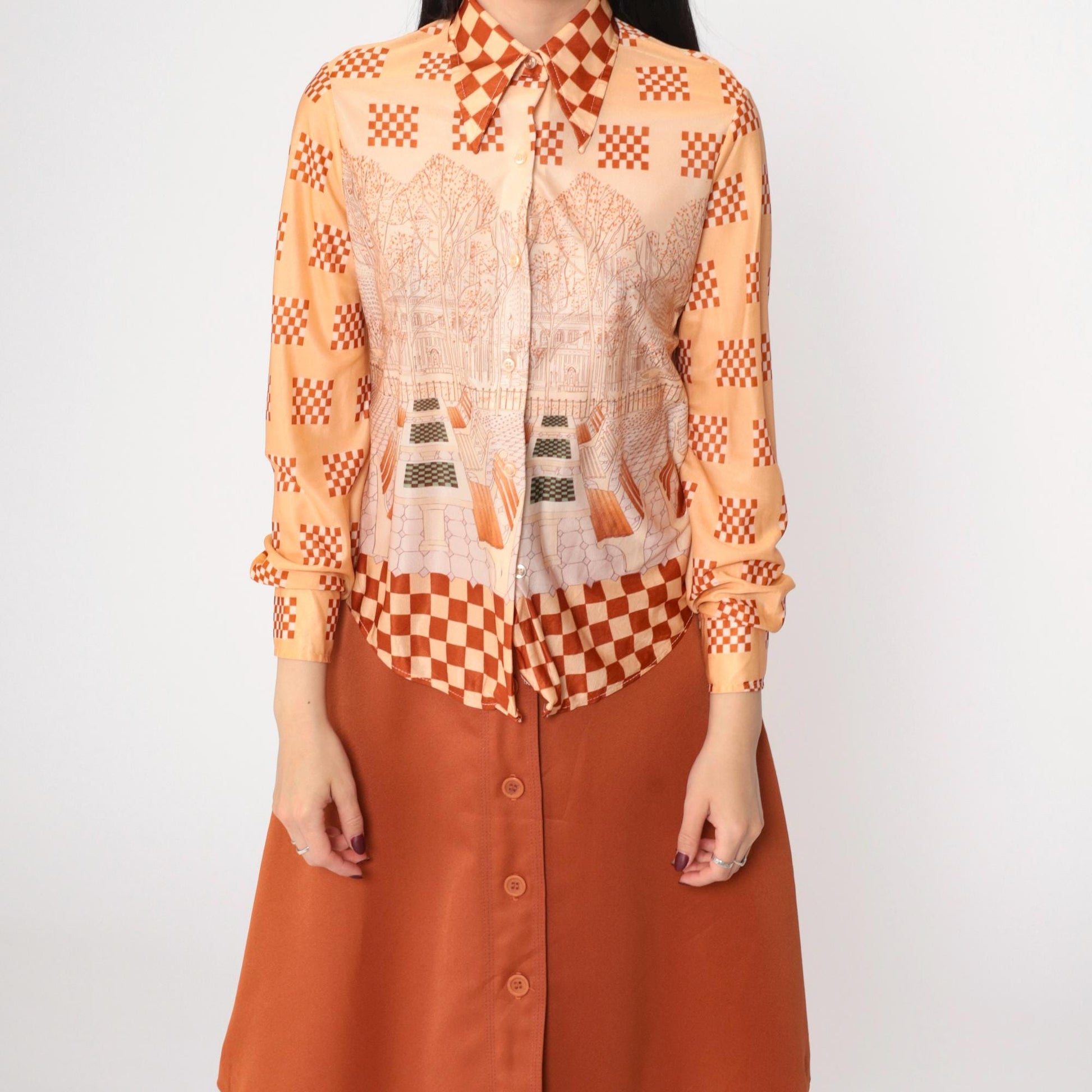 70s Bobbie Brooks Three-Piece Set Rust Brown Scenic Print Blouse Vest Midi Skirt Extra Small