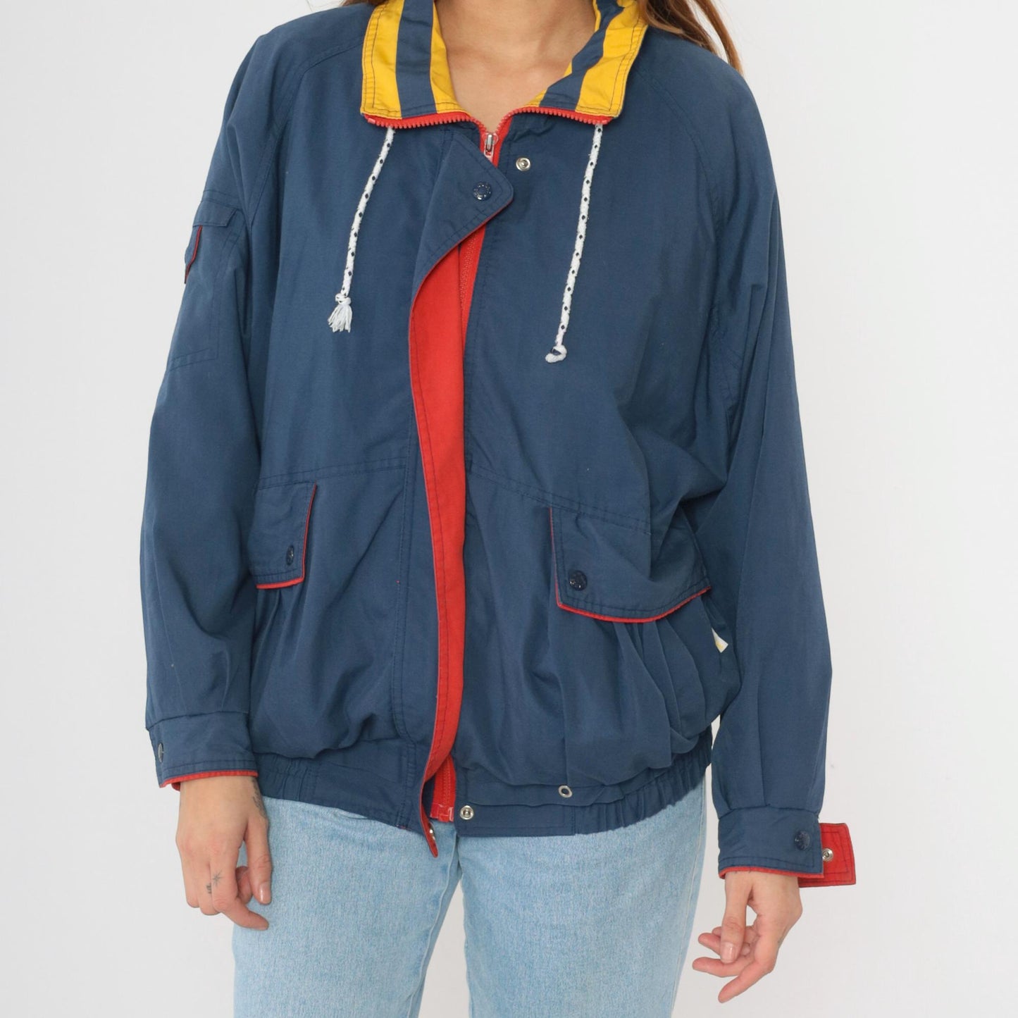 80s Izzi Spirit Blue Windbreaker Jacket Yellow Red Trim Zip Up Medium