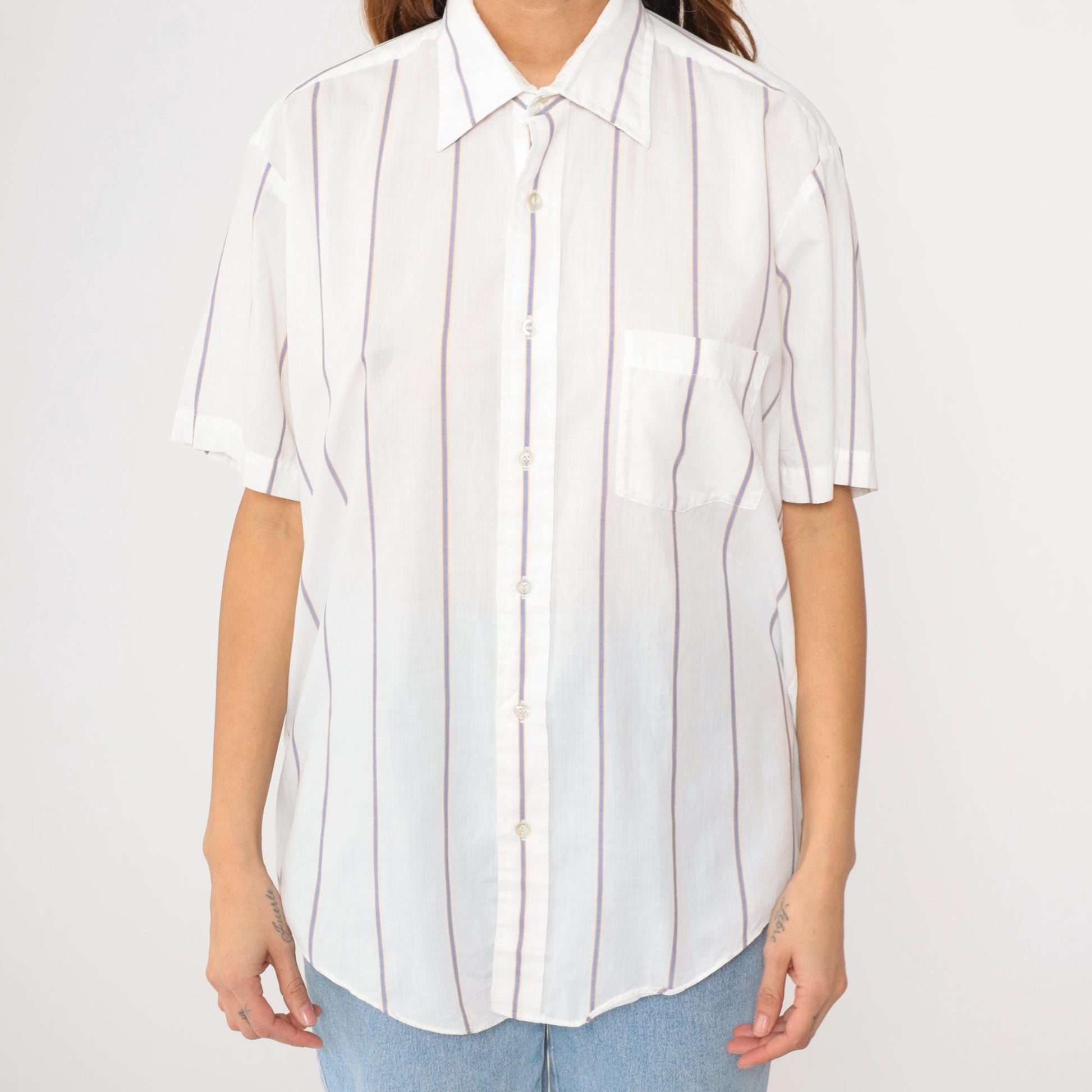 80s White Striped Semi-Sheer Button-Up Shirt Short Sleeve Collar Large L