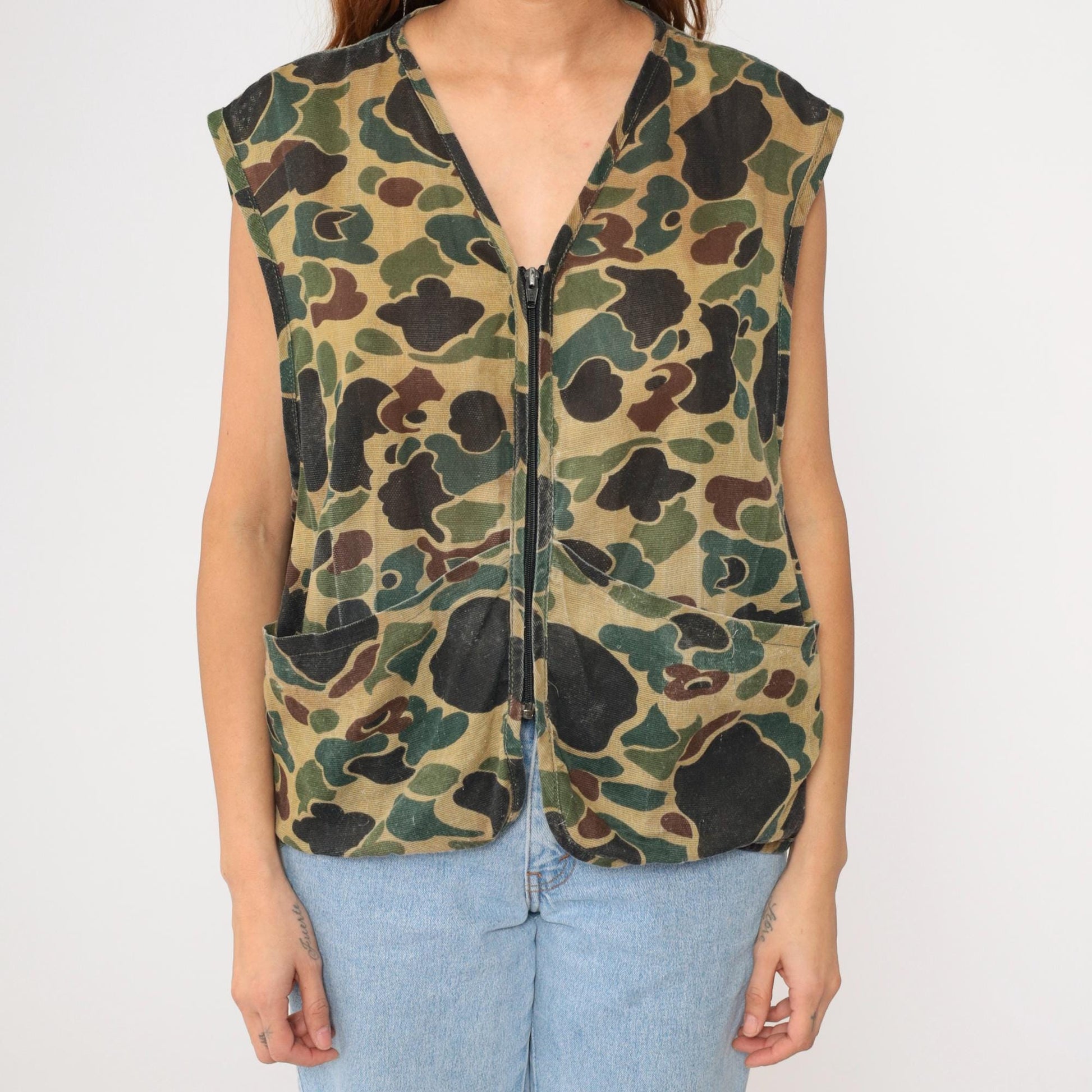 70s Saftbak Camo Hunting Vest Zip Front Canvas Olive Game Pocket Medium Large