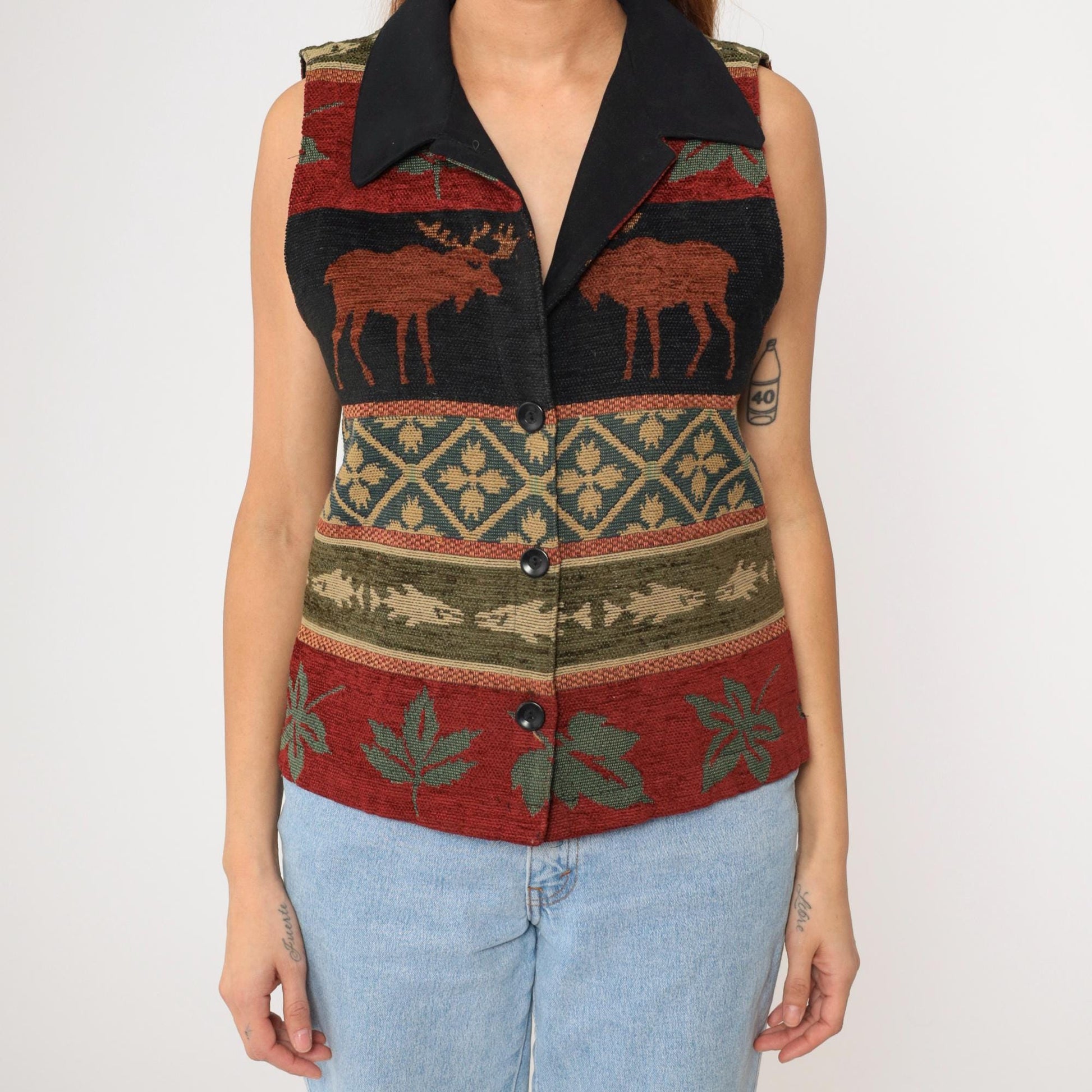 Y2K Coldwater Creek Tapestry Vest Moose Leaves Button-Up Medium