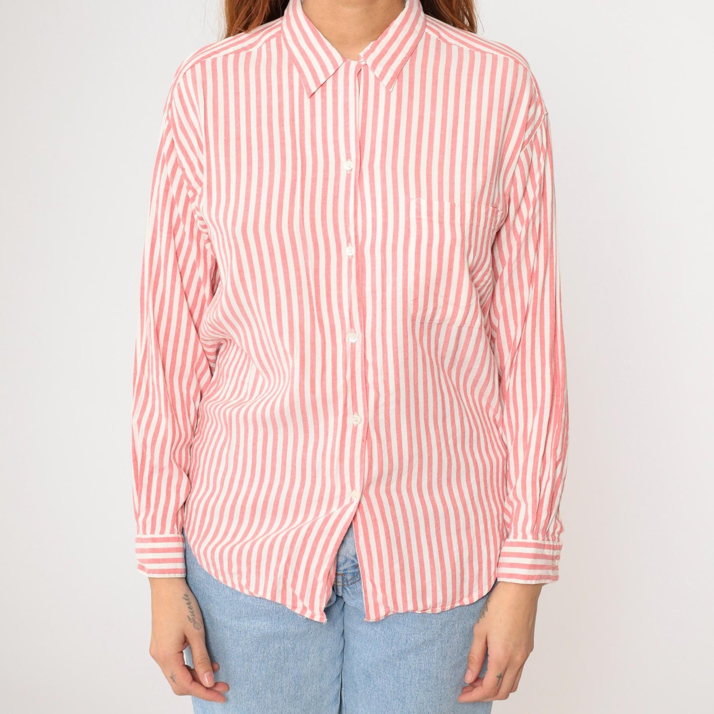 90s Gap Pink Striped Rayon Blouse Long Sleeve Button Up Chest Pocket Medium
