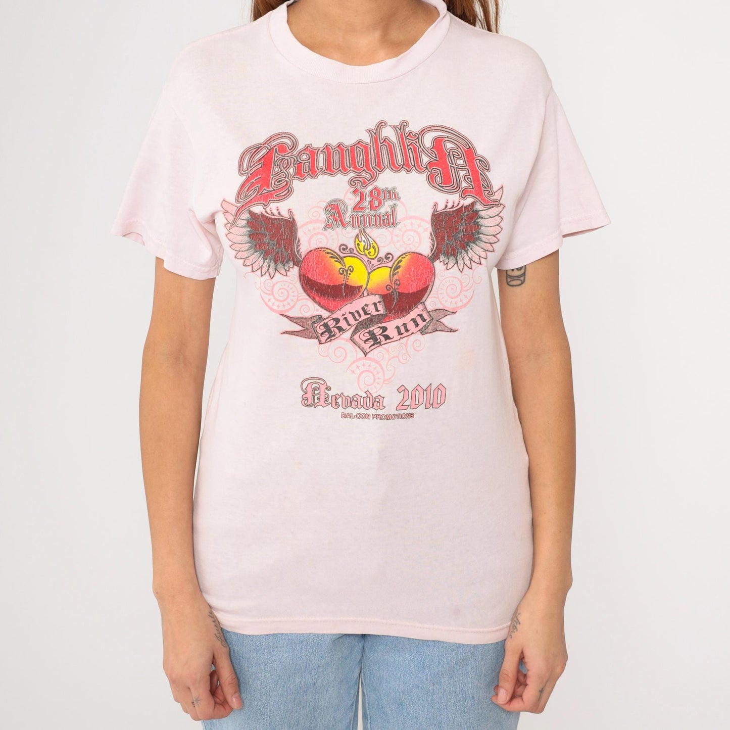 Laughlin River Run Winged Heart Flame Graphic T-Shirt Pink Small S