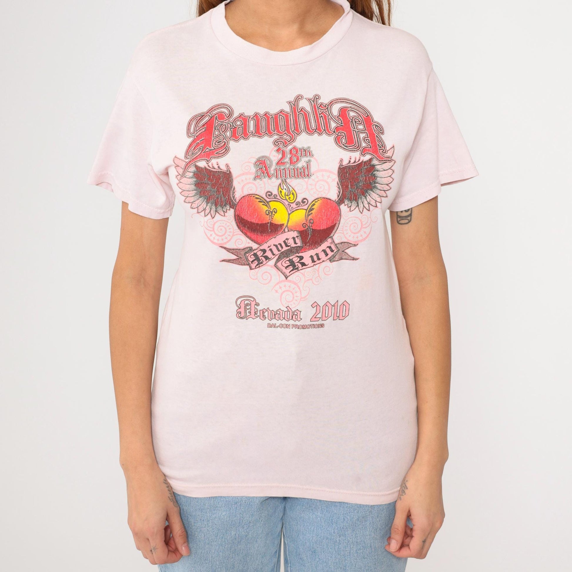 Laughlin River Run Winged Heart Flame Graphic T-Shirt Pink Small S