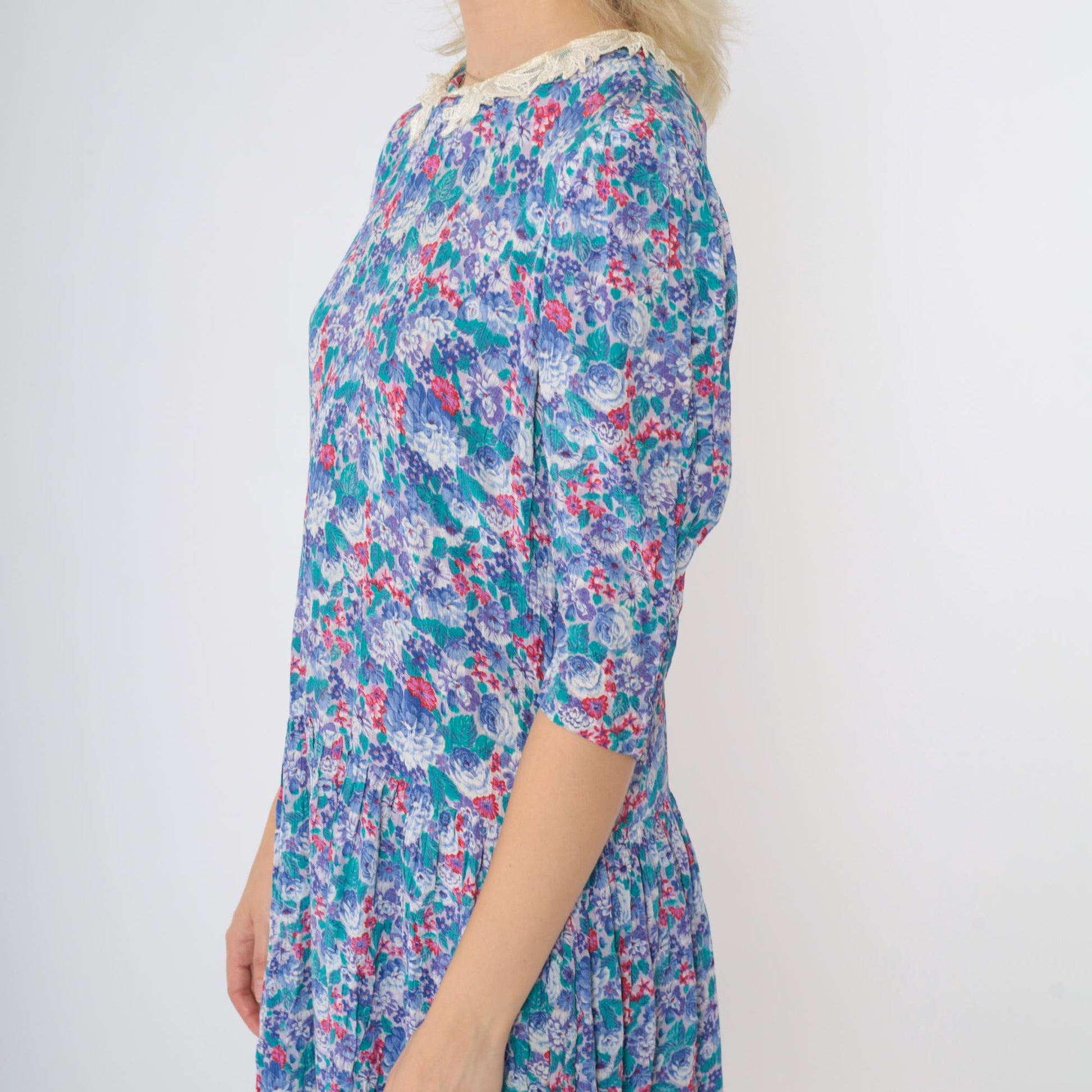 80s Floral Midi Dress Multicolor Puff Sleeve Lace Collar Drop Waist Medium