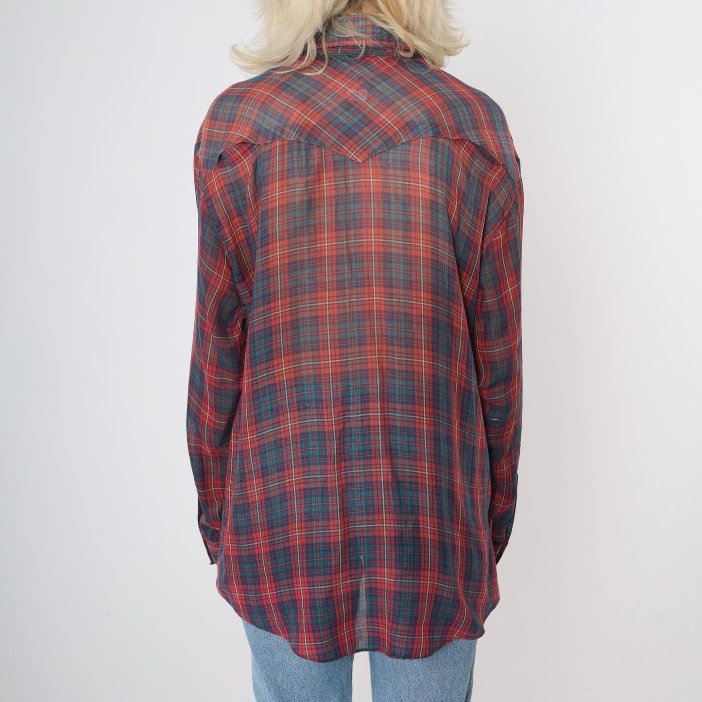 80s Western Pearl Snap Shirt Plaid Paint Splatter Distressed Large L